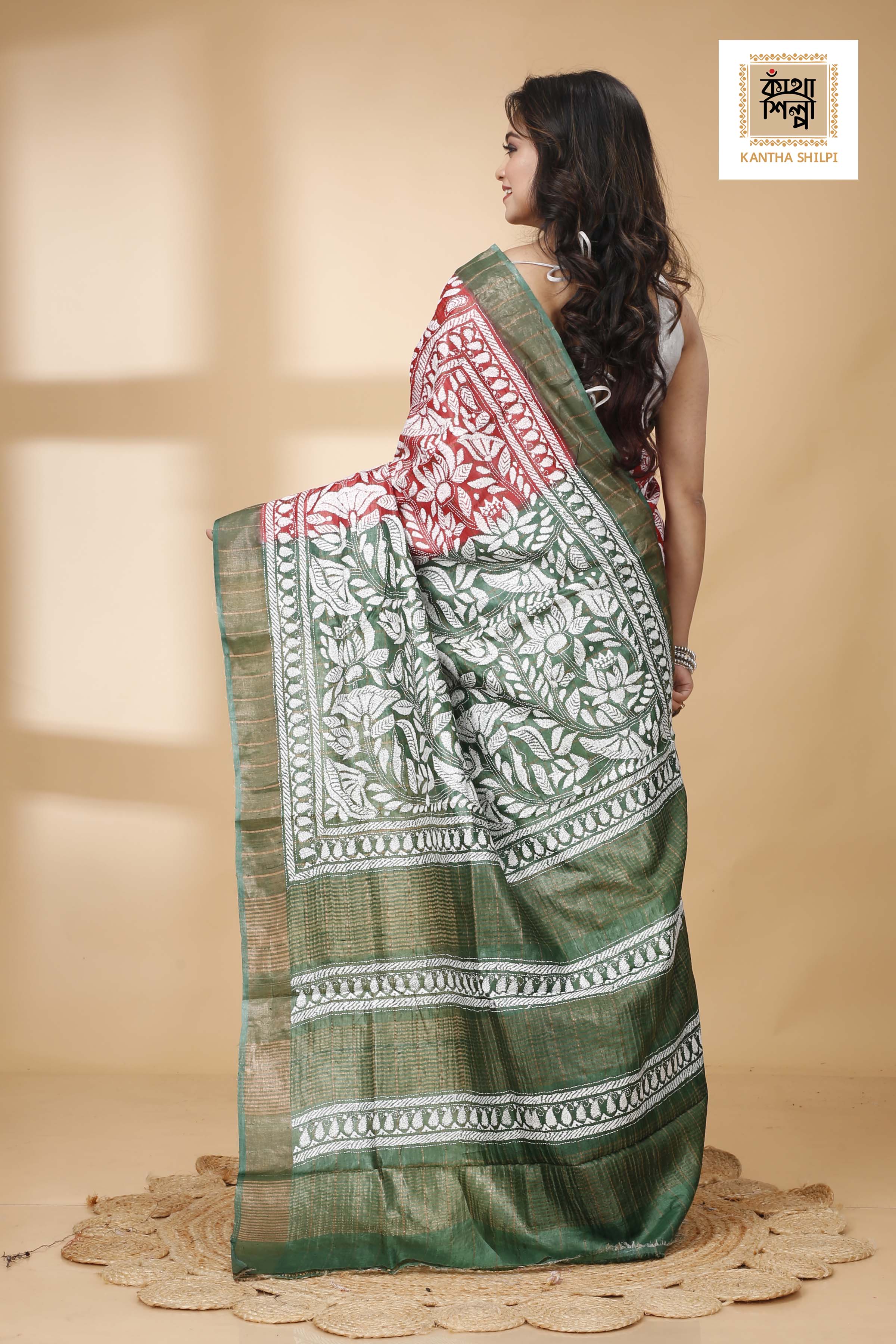 Zori Border and Checks Pure Dye Tussar Kantha Stitch Saree