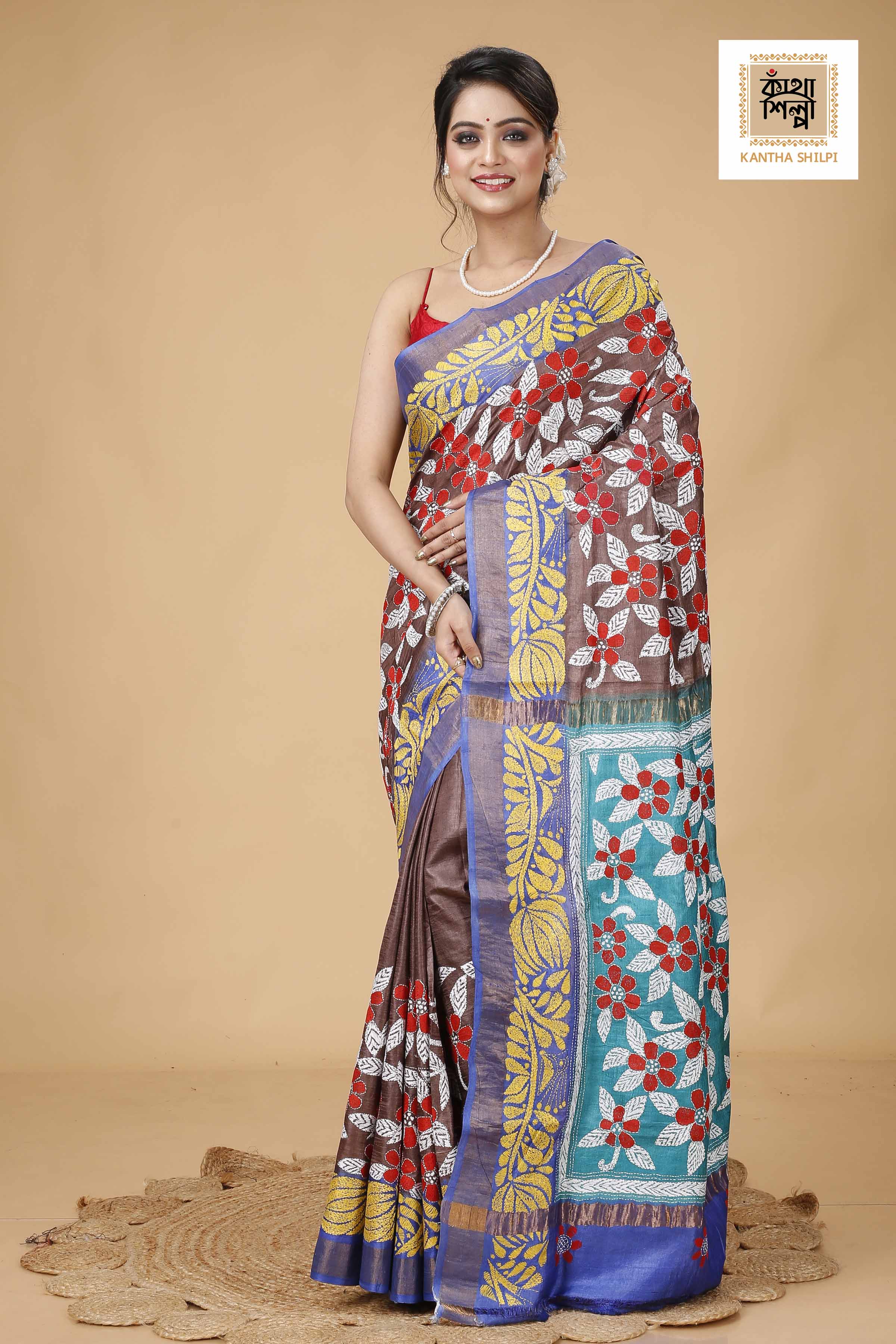 Zori Border Pure Dye Tussar Kantha Stitch Saree