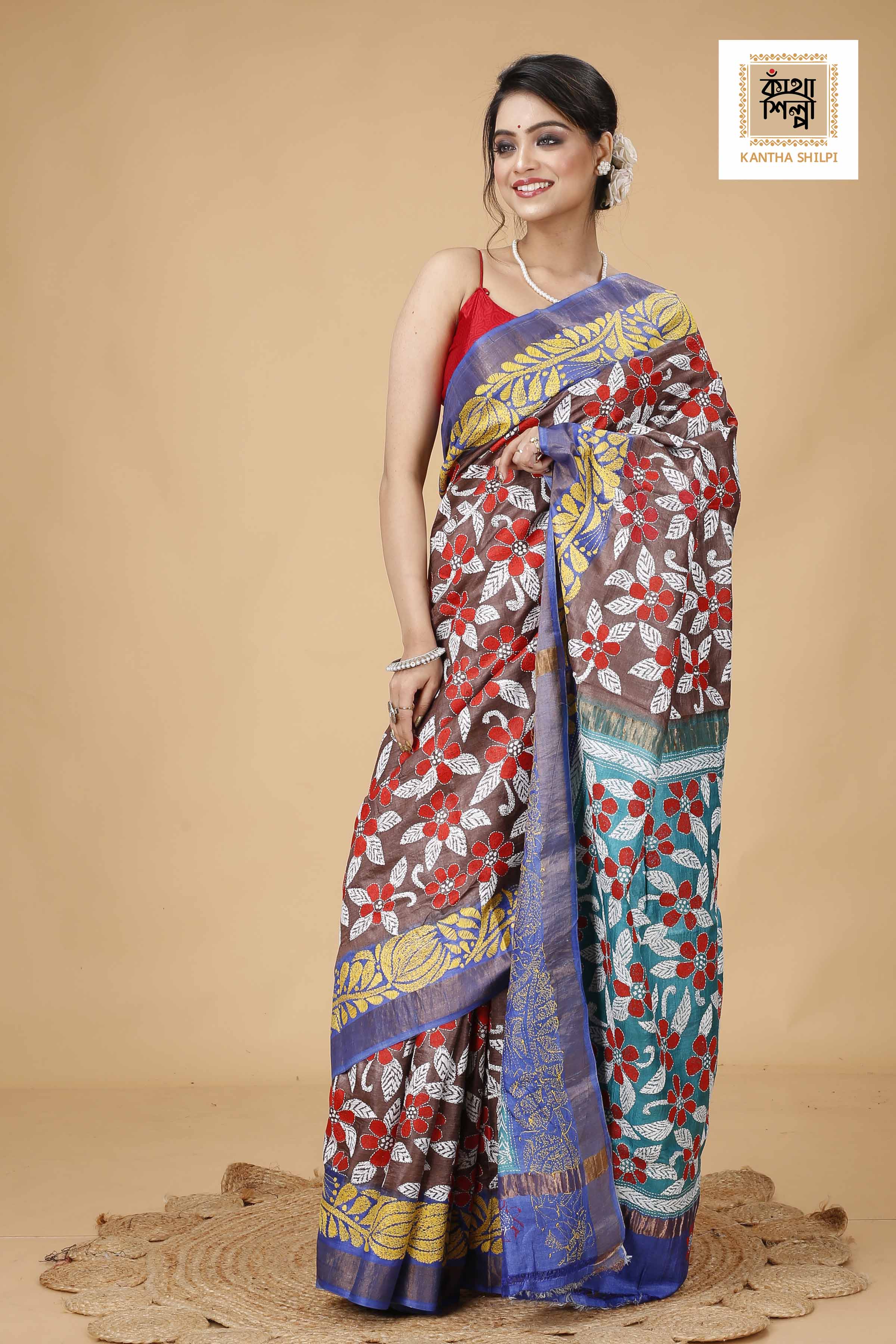 Zori Border Pure Dye Tussar Kantha Stitch Saree