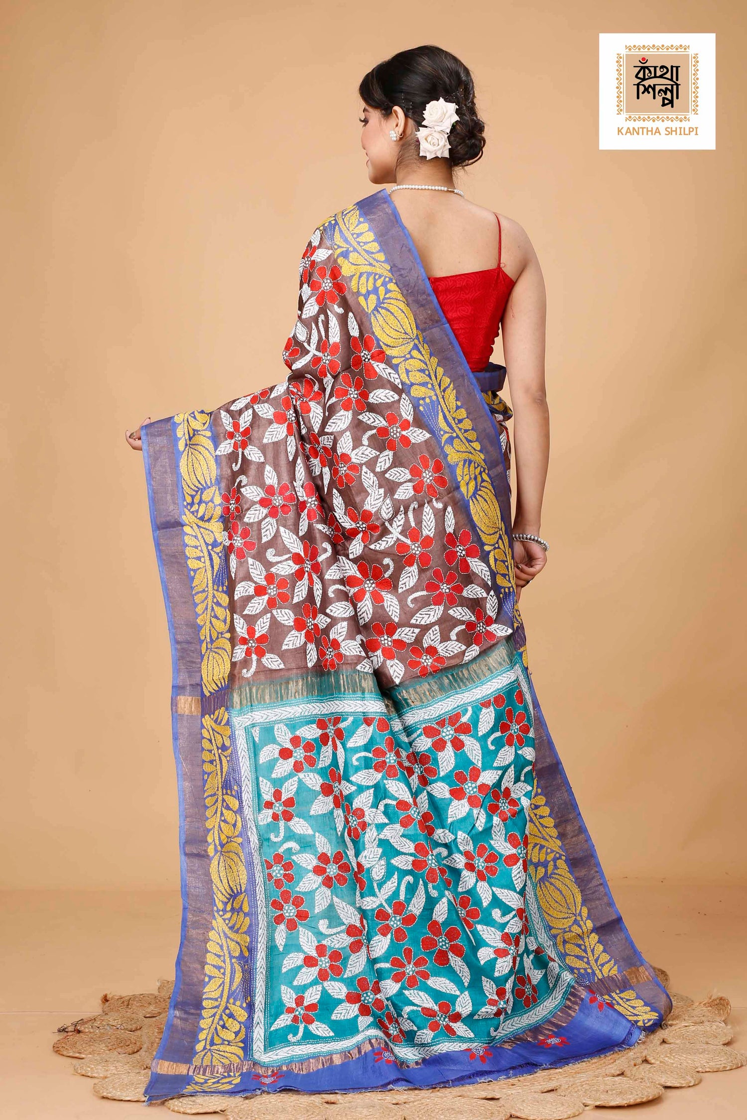 Zori Border Pure Dye Tussar Kantha Stitch Saree