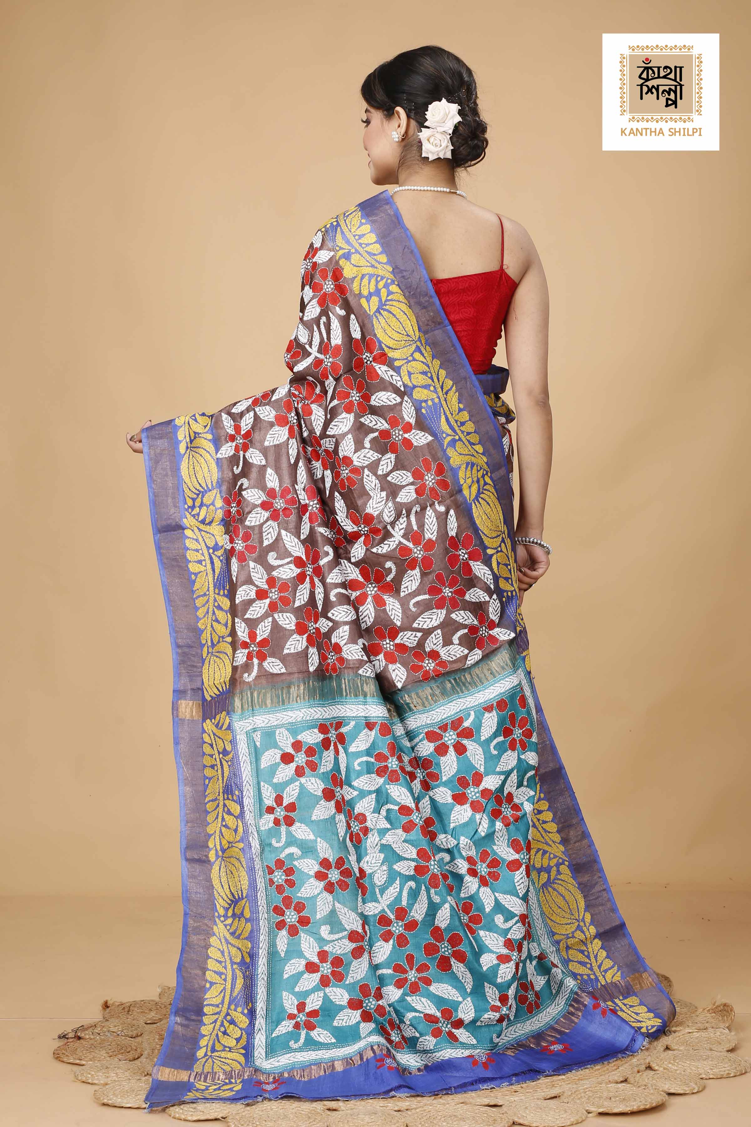 Zori Border Pure Dye Tussar Kantha Stitch Saree