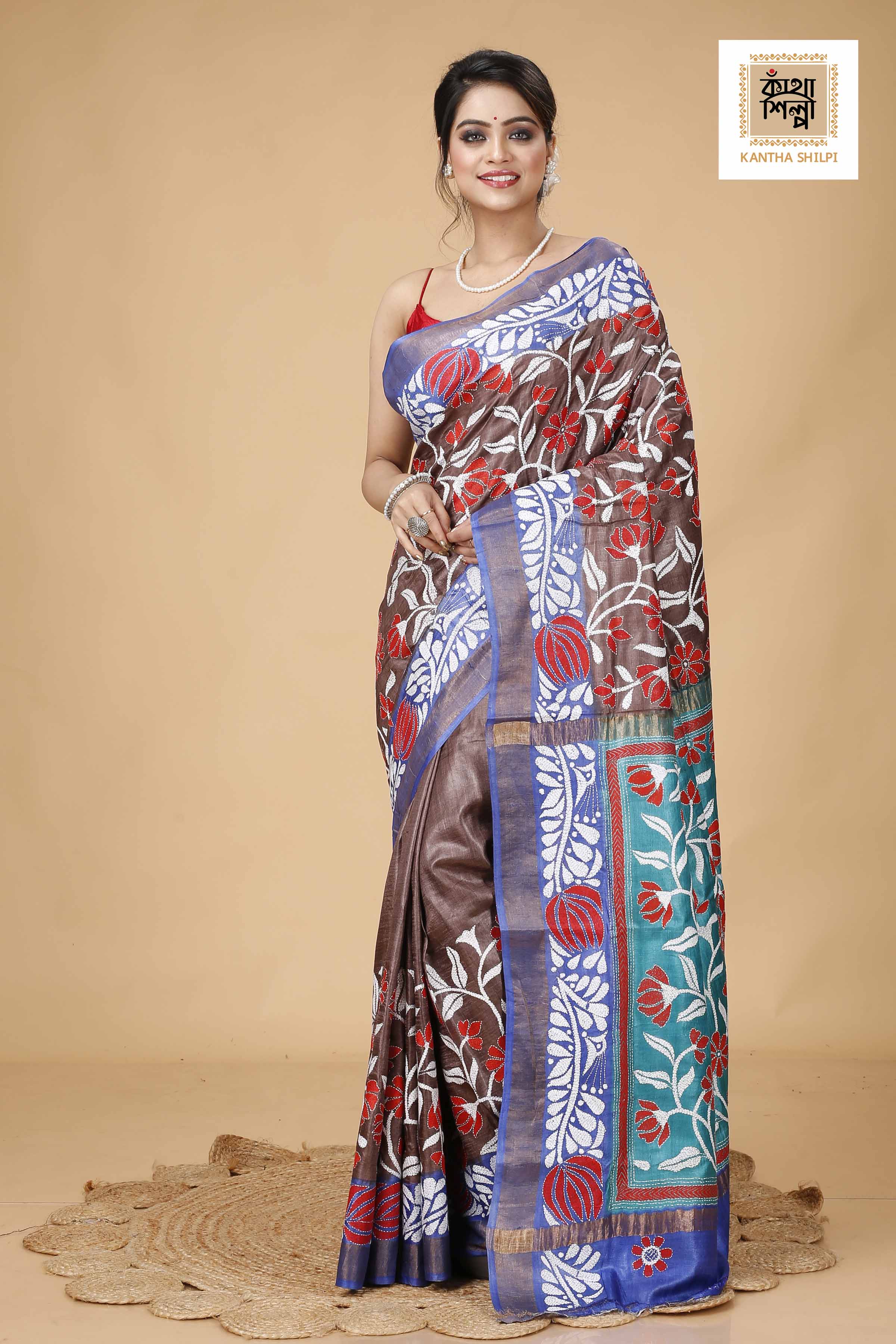 Zori Border Pure Dye Tussar Kantha Stitch Saree