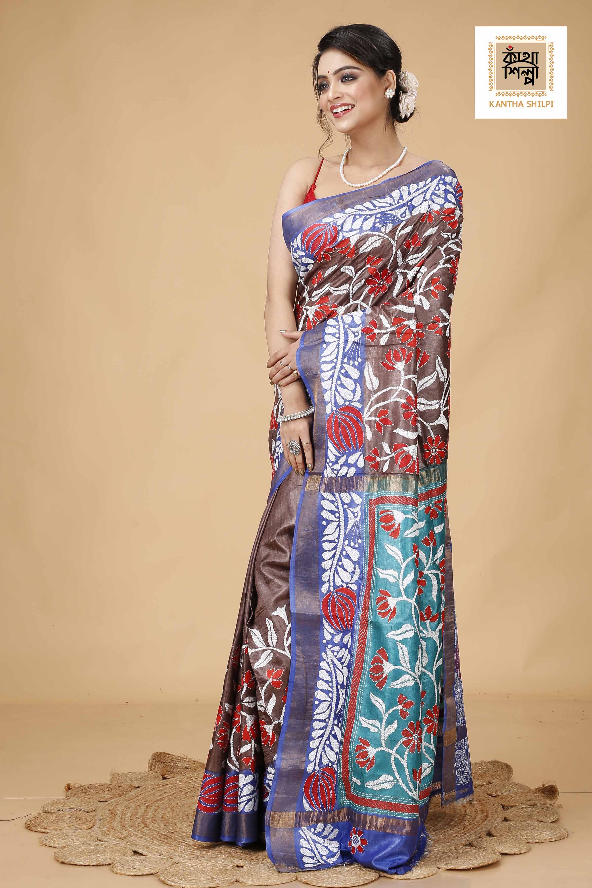 Zori Border Pure Dye Tussar Kantha Stitch Saree