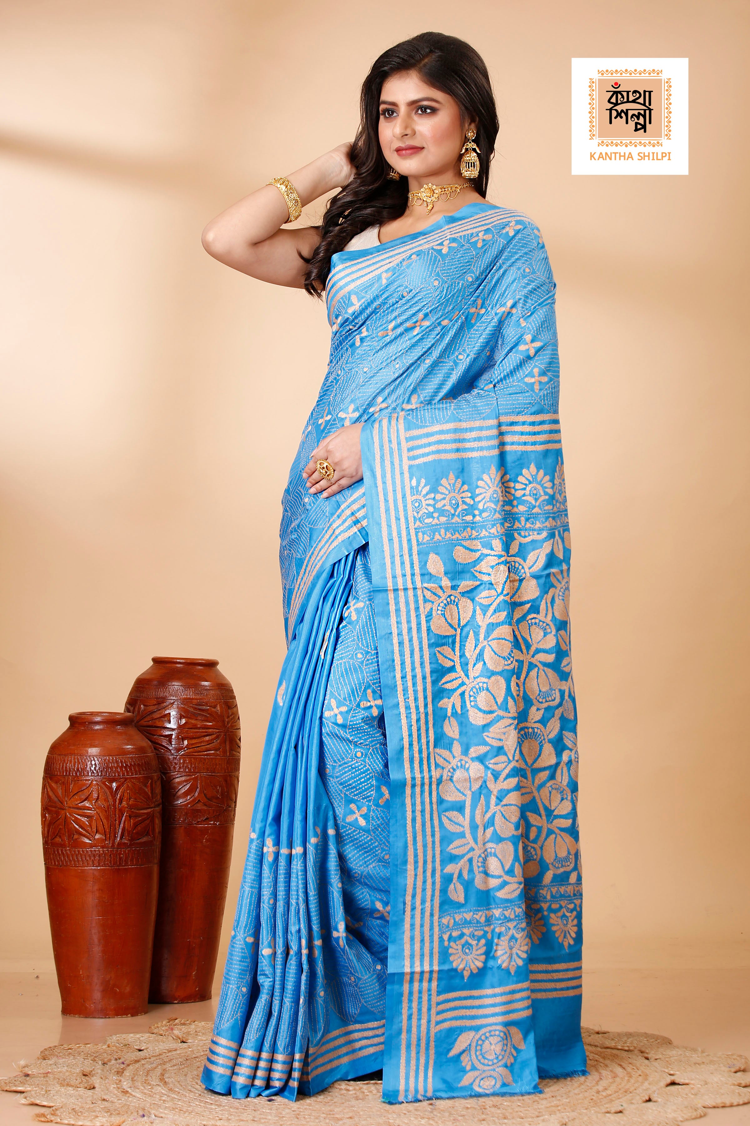 Bangalore Silk Single Thread Work Floral Motif Kantha Stitch Saree