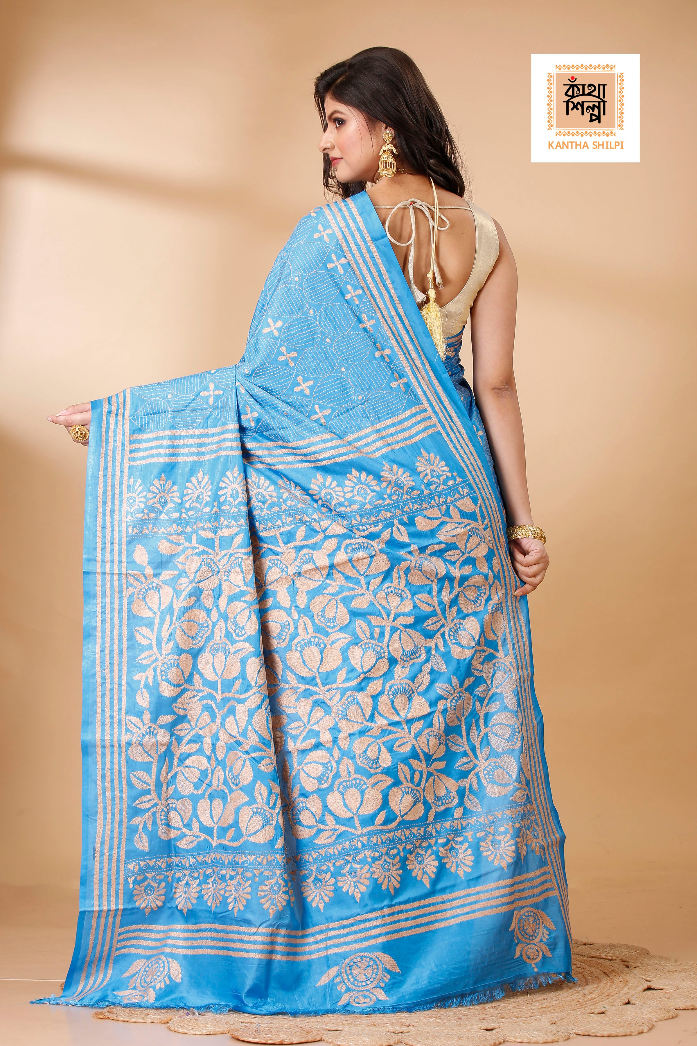 Bangalore Silk Single Thread Work Floral Motif Kantha Stitch Saree