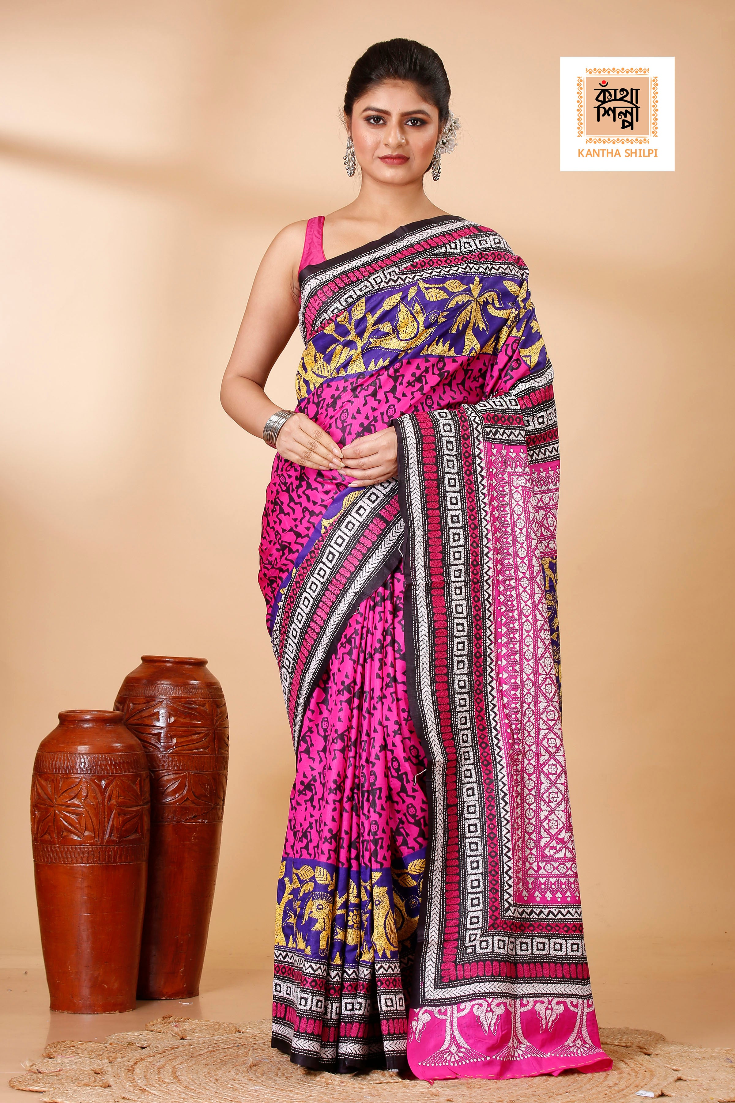 Pure Bangalore Silk Multicolor Thread Work Block and Geometric Pattern Kantha Stitch Fusion Saree