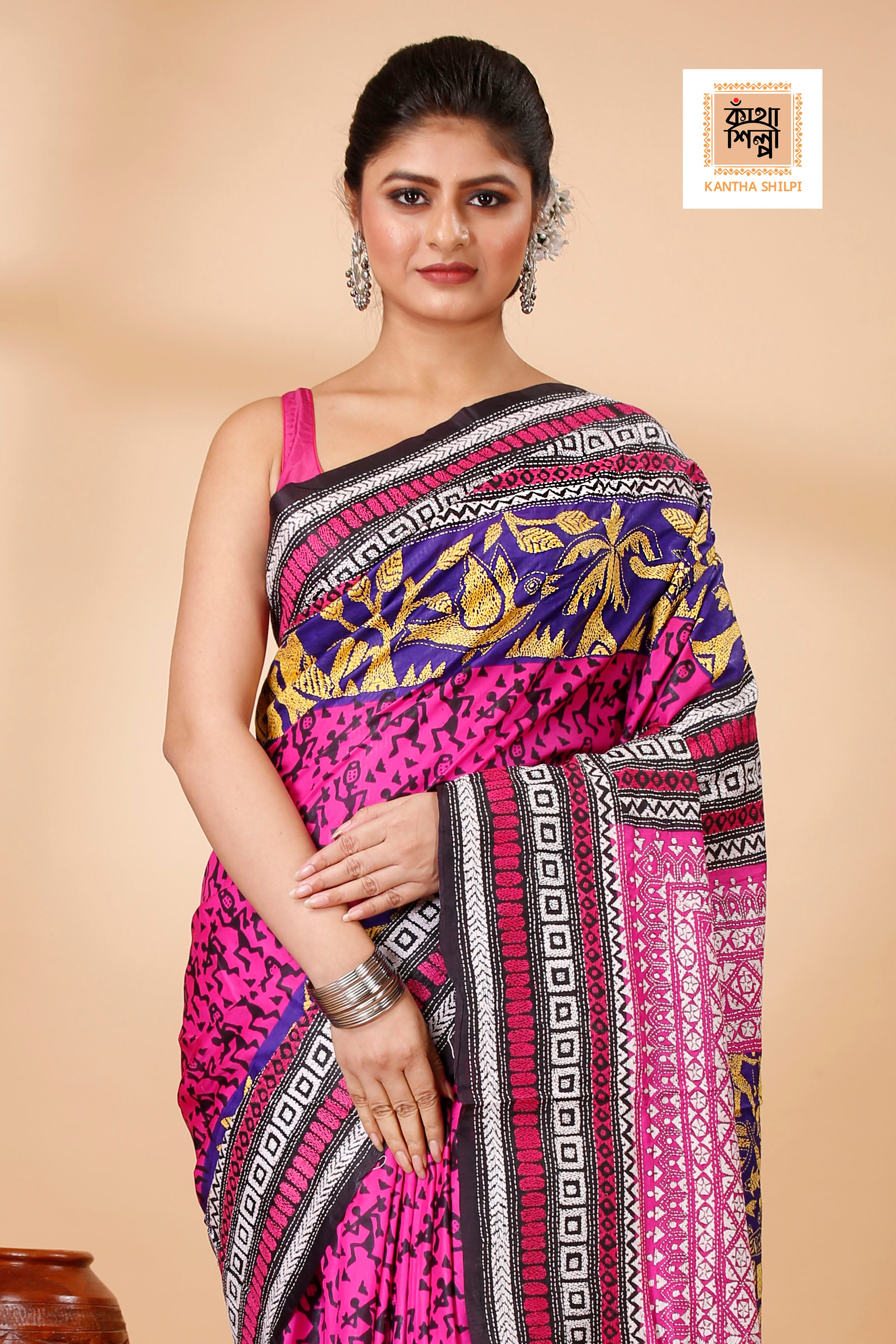 Pure Bangalore Silk Multicolor Thread Work Block and Geometric Pattern Kantha Stitch Fusion Saree