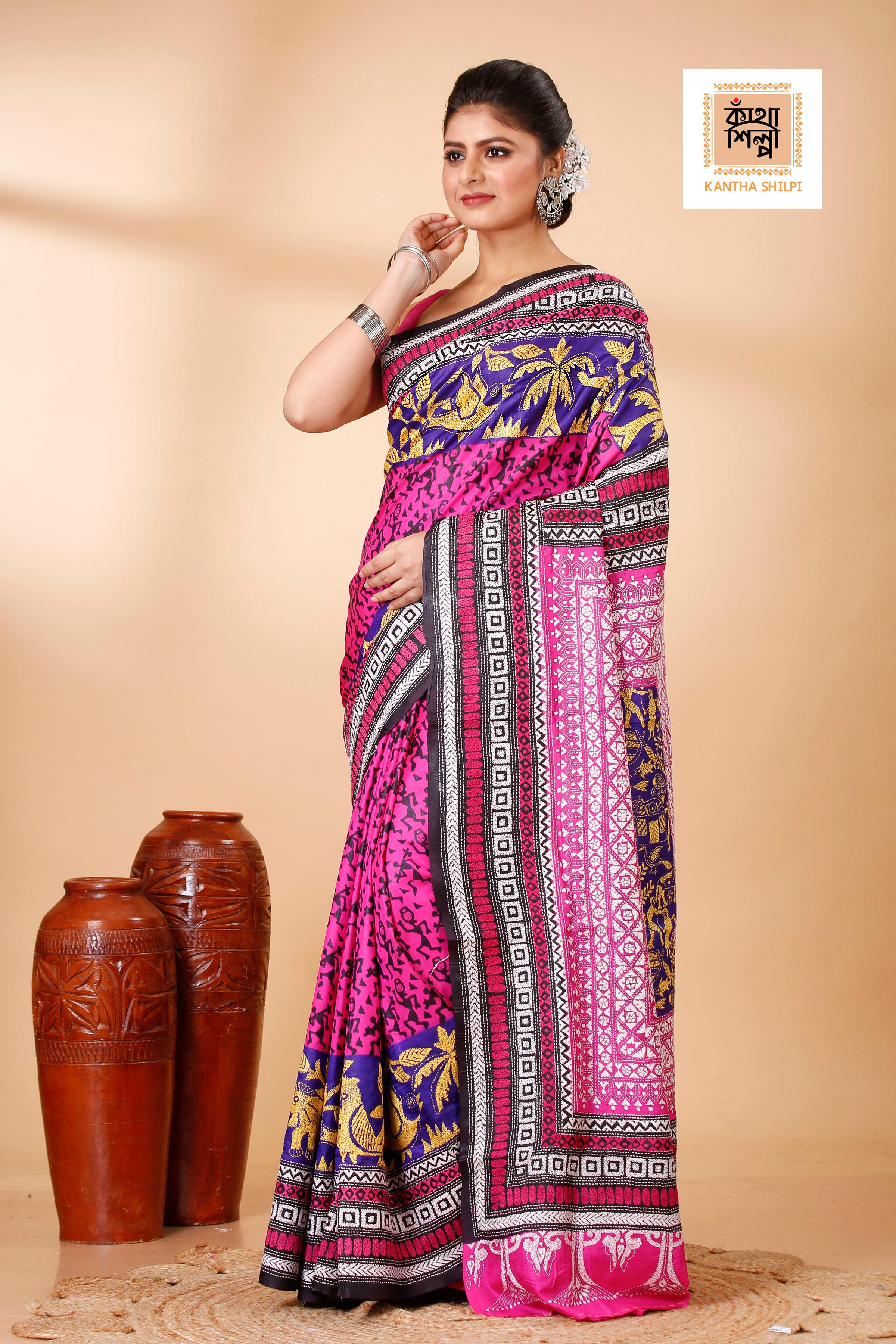 Pure Bangalore Silk Multicolor Thread Work Block and Geometric Pattern Kantha Stitch Fusion Saree