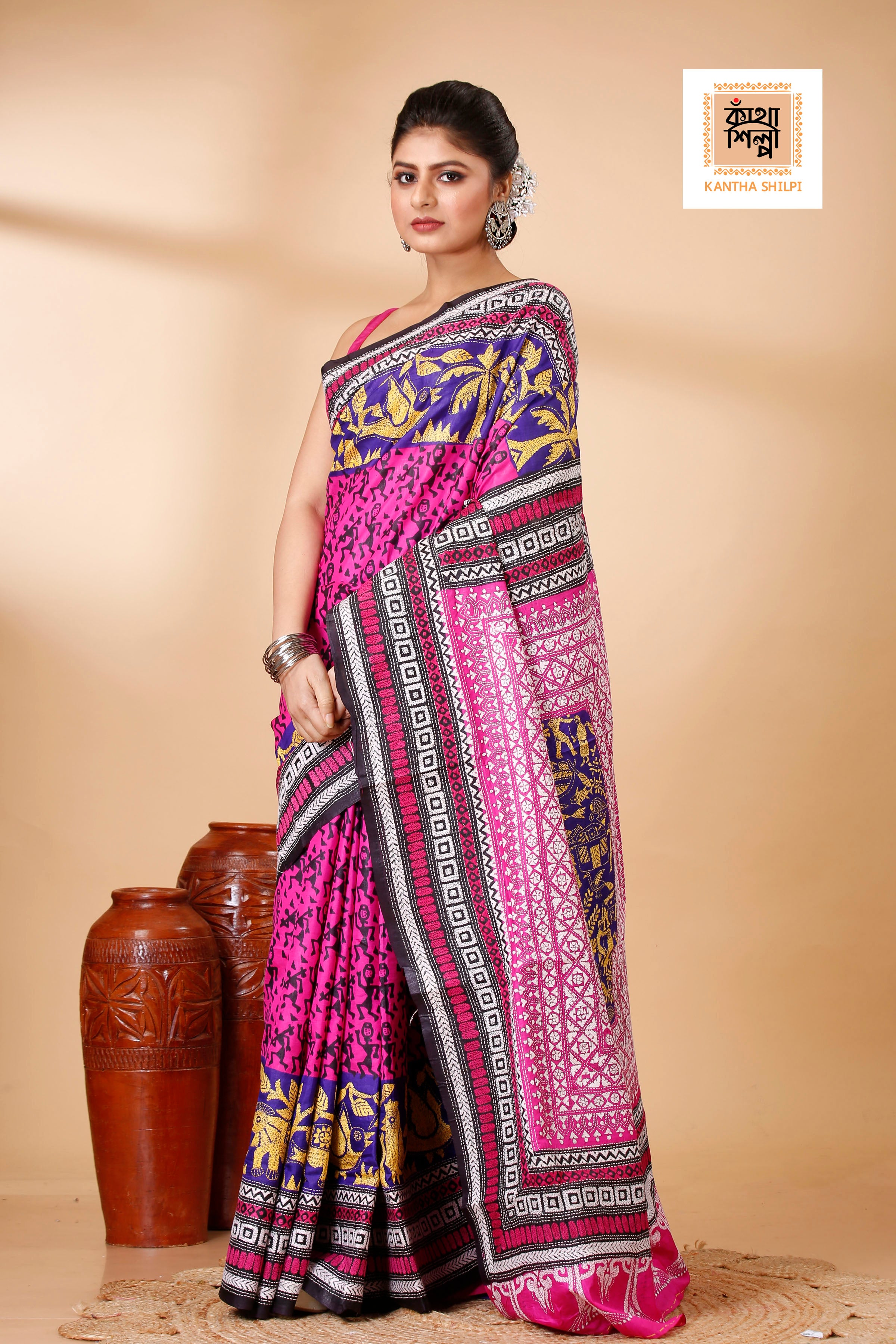 Pure Bangalore Silk Multicolor Thread Work Block and Geometric Pattern Kantha Stitch Fusion Saree