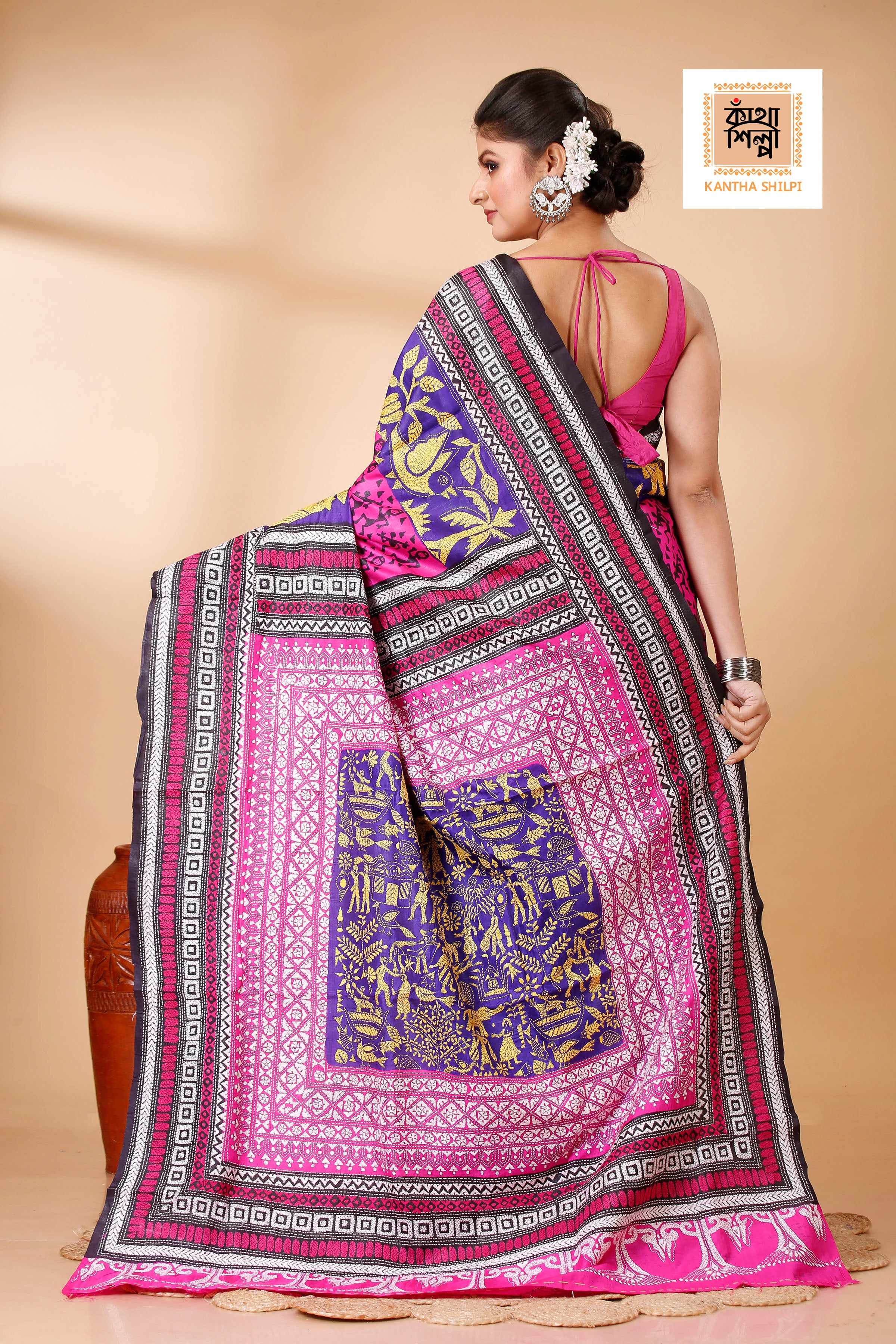 Pure Bangalore Silk Multicolor Thread Work Block and Geometric Pattern Kantha Stitch Fusion Saree