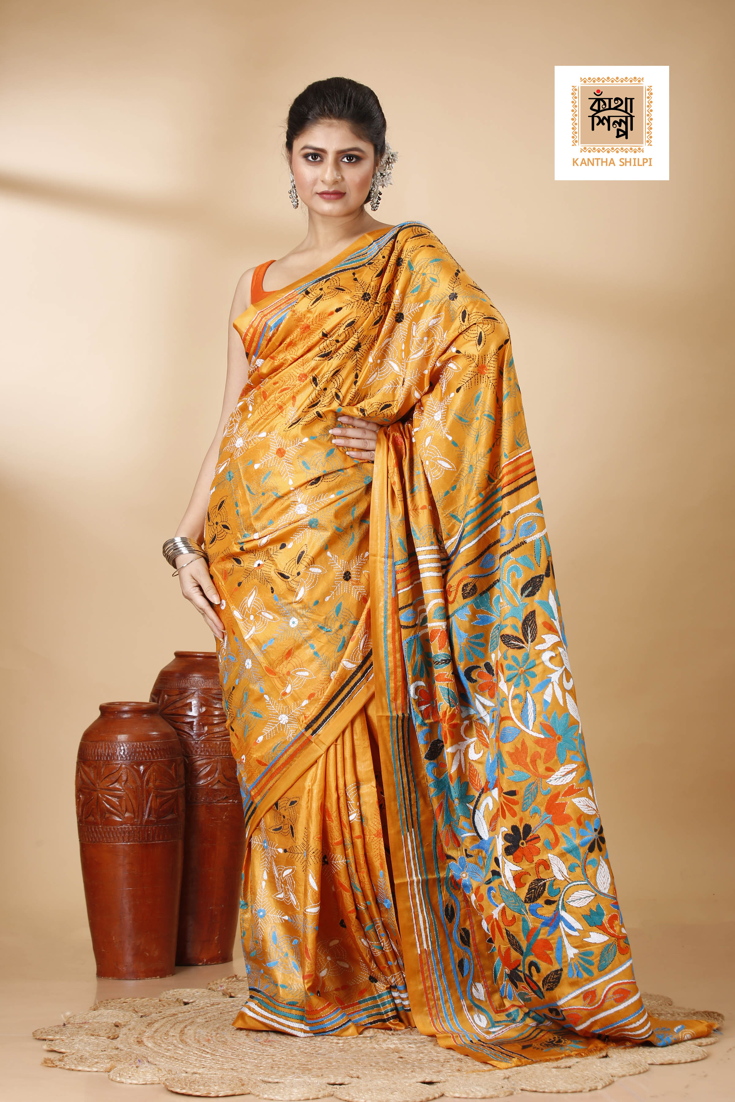 Bangalore Silk Multicolor Thread Work Kantha Stitch Saree