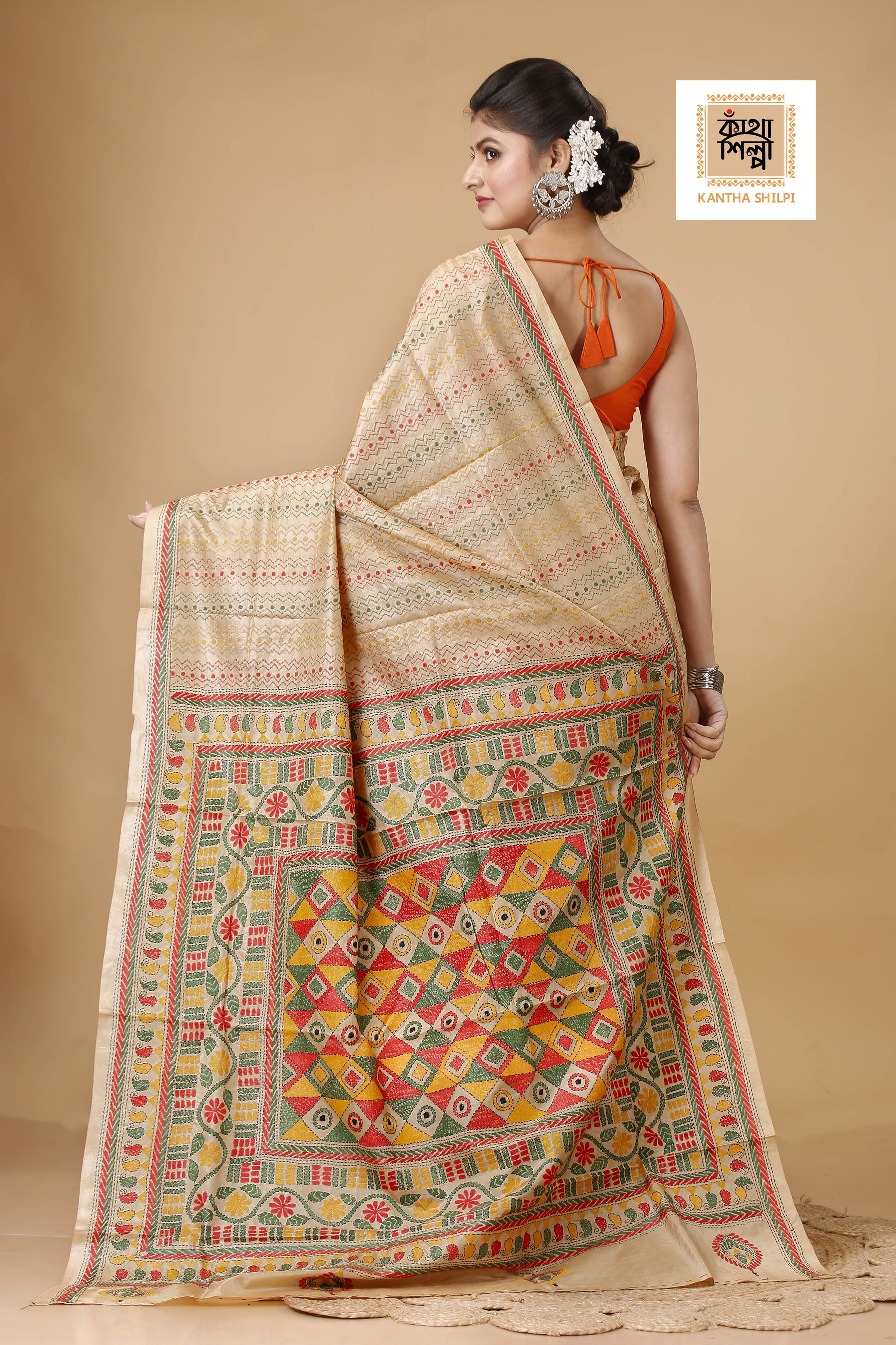 Pure Bangalore Silk Multicolor Thread Work Geometric Pattern Traditional Motif Kantha Stitch Saree