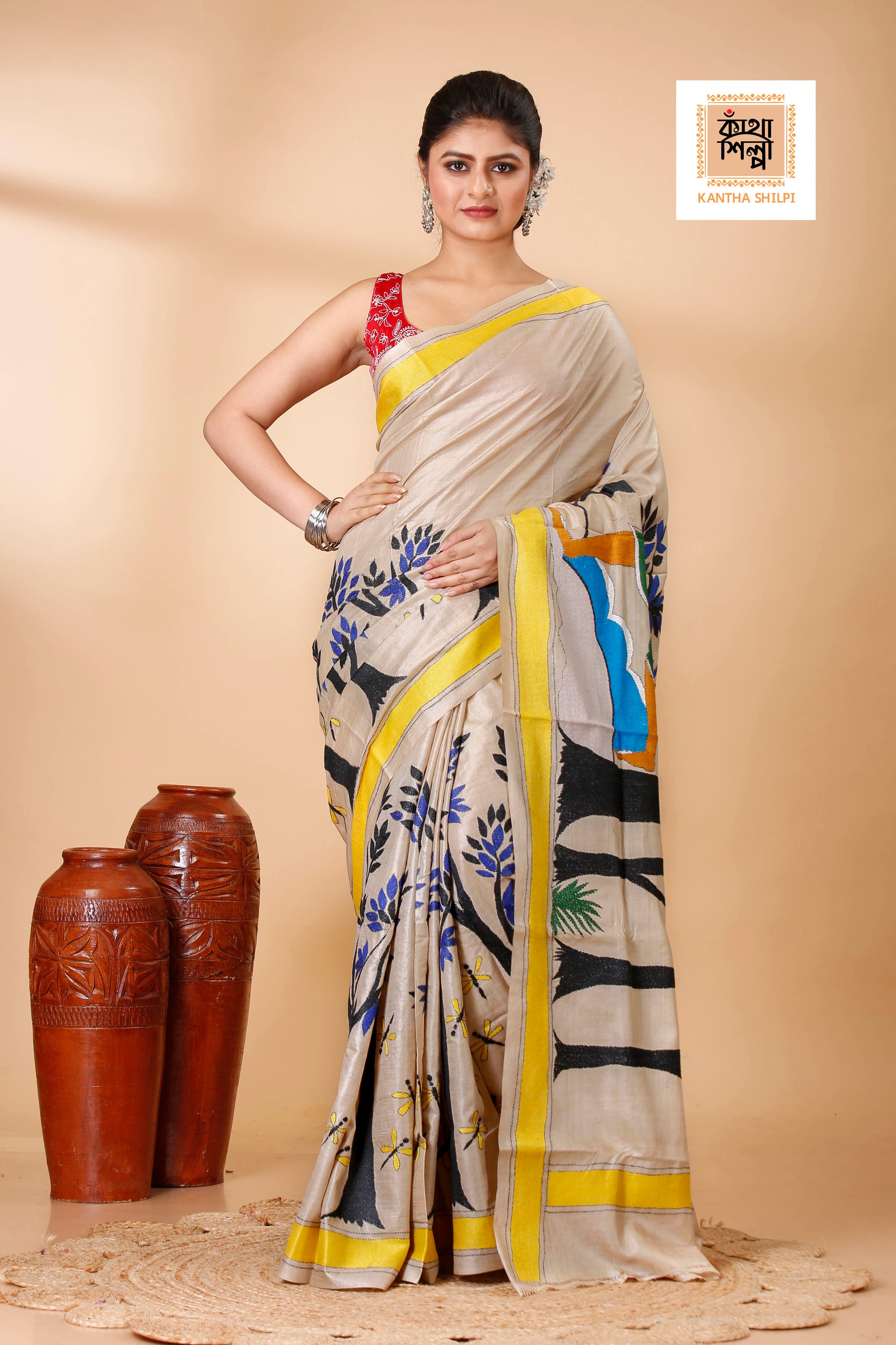 Gachi Tussar Ranar Theme Work (The Postal Runner Poem) Design Kantha Stitch Saree