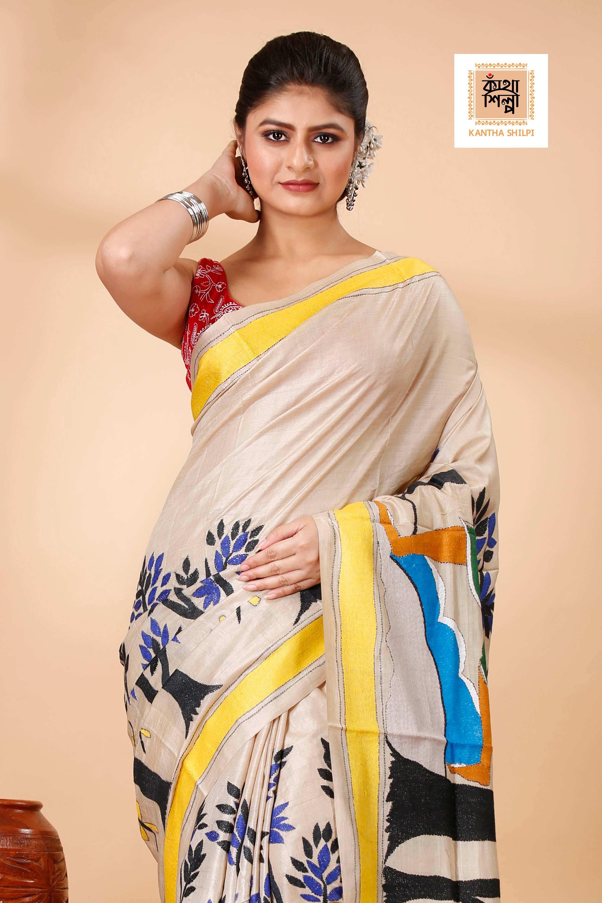 Gachi Tussar Ranar Theme Work (The Postal Runner Poem) Design Kantha Stitch Saree