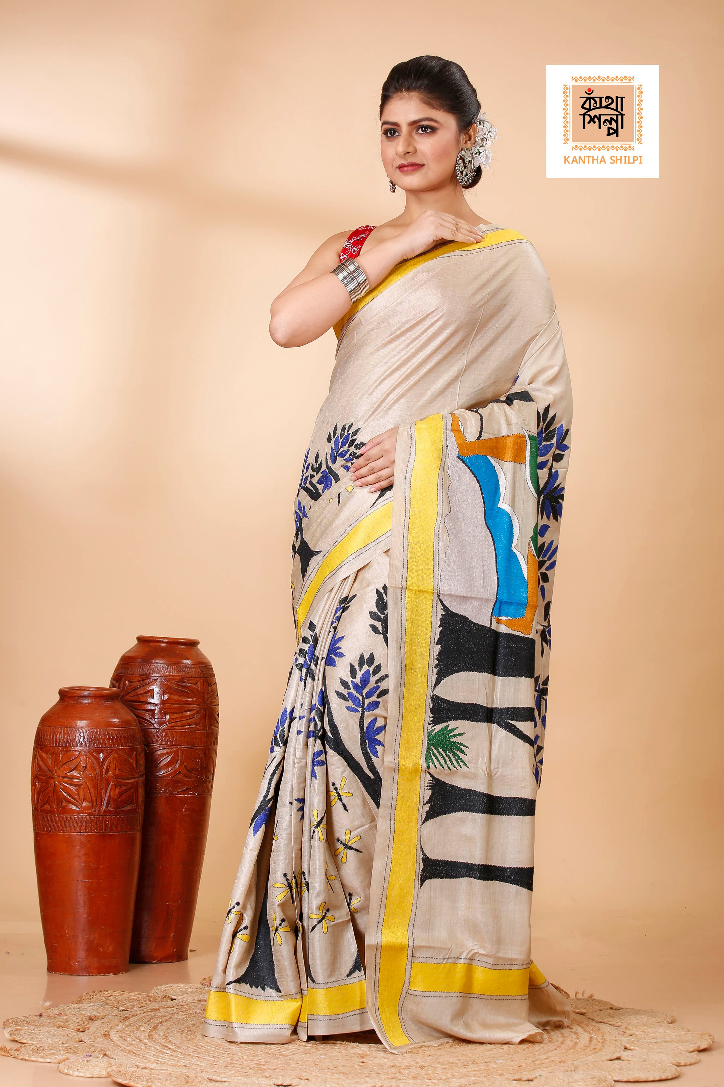 Gachi Tussar Ranar Theme Work (The Postal Runner Poem) Design Kantha Stitch Saree