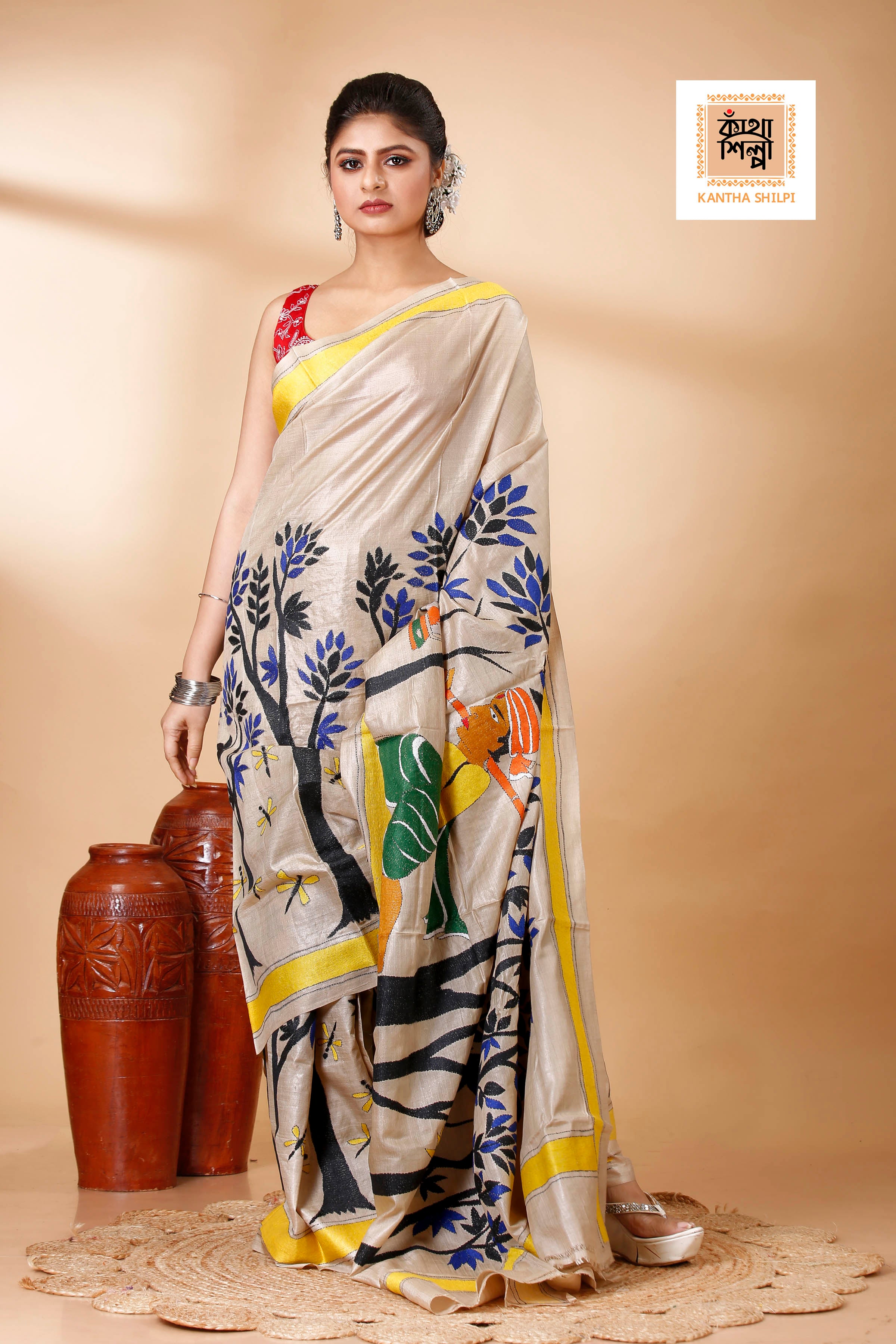 Gachi Tussar Ranar Theme Work (The Postal Runner Poem) Design Kantha Stitch Saree