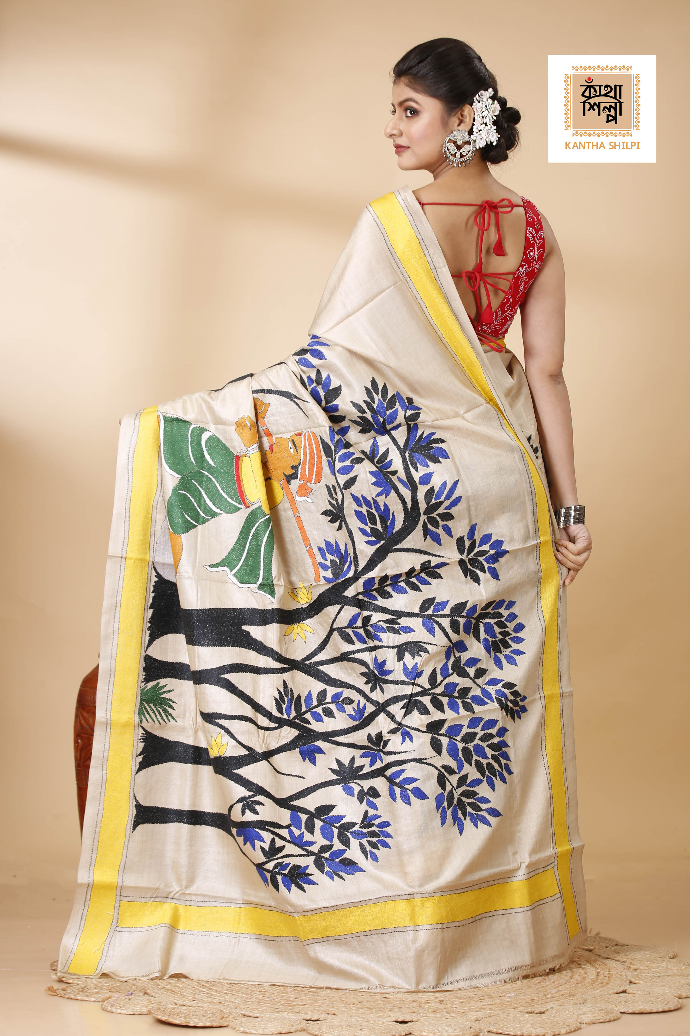 Gachi Tussar Ranar Theme Work (The Postal Runner Poem) Design Kantha Stitch Saree