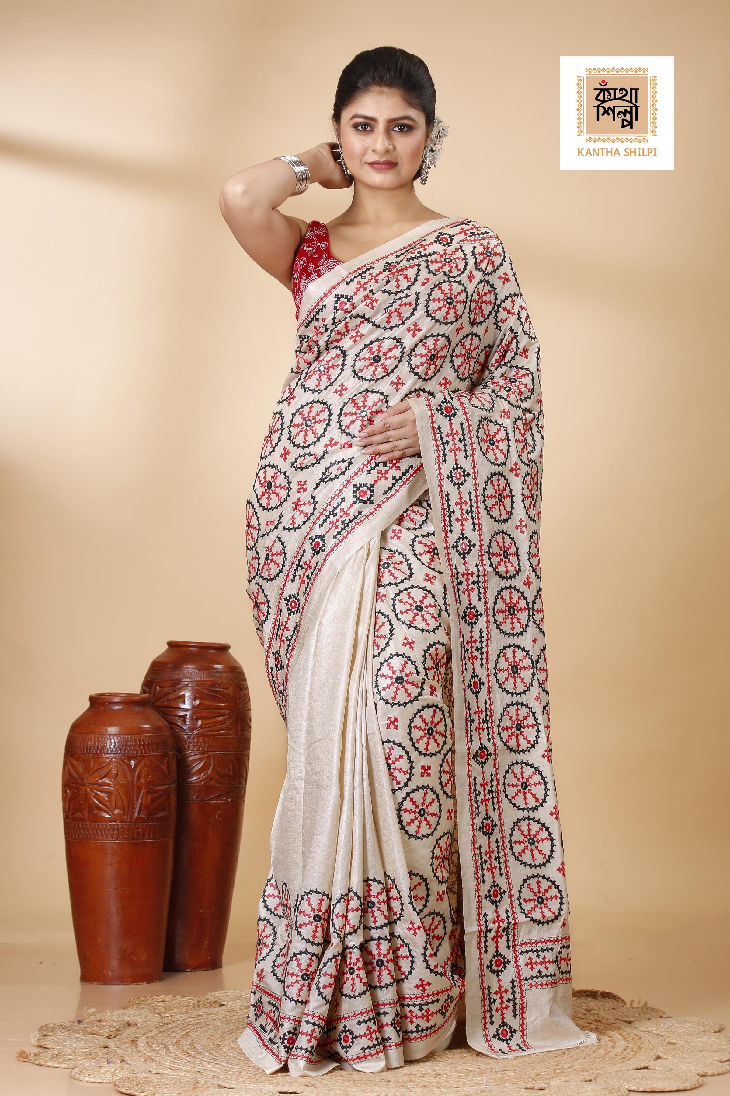 Gachi Tussar Silk Black and Red Thread Work Gujrati Stitch Saree