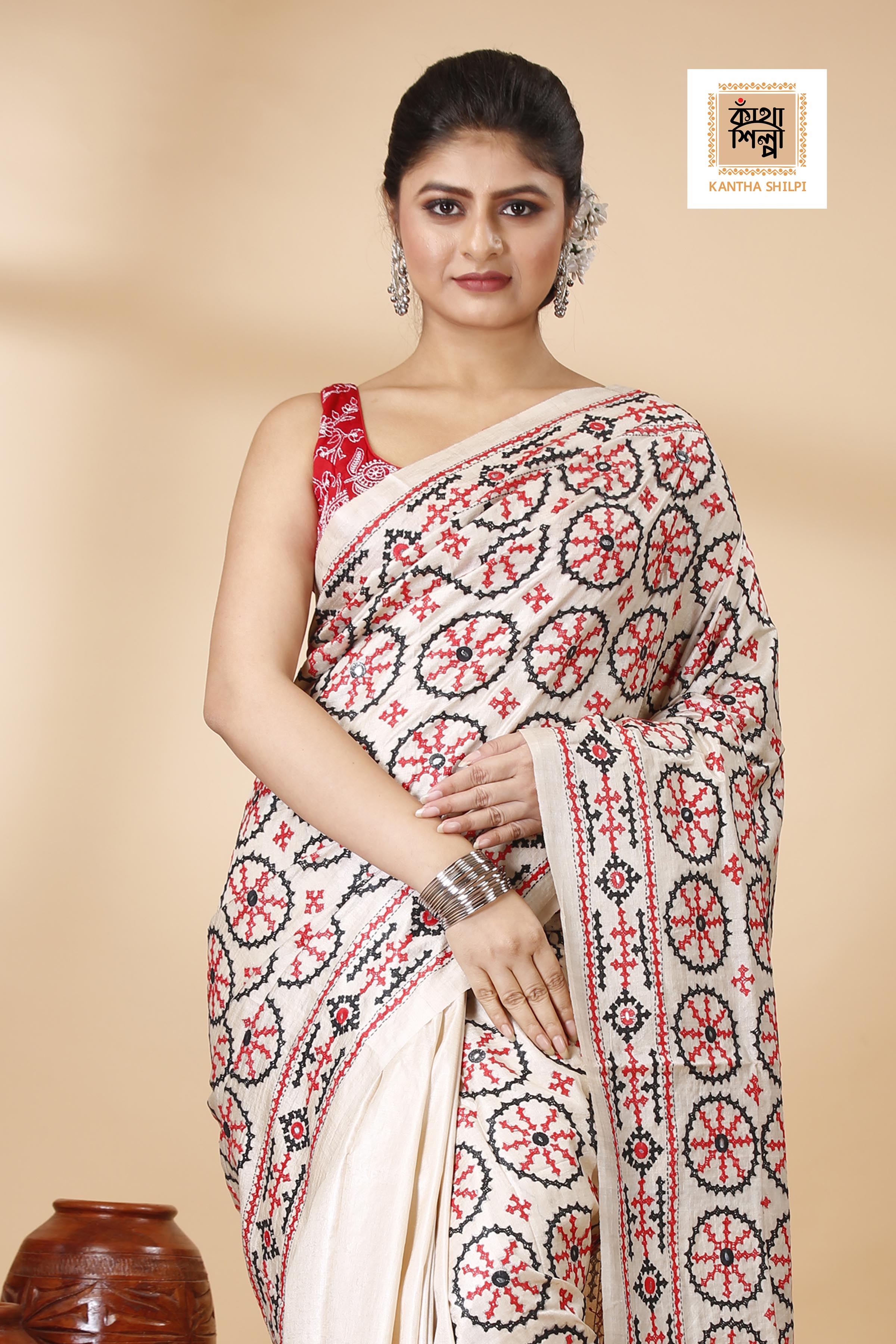 Gachi Tussar Silk Black and Red Thread Work Gujrati Stitch Saree