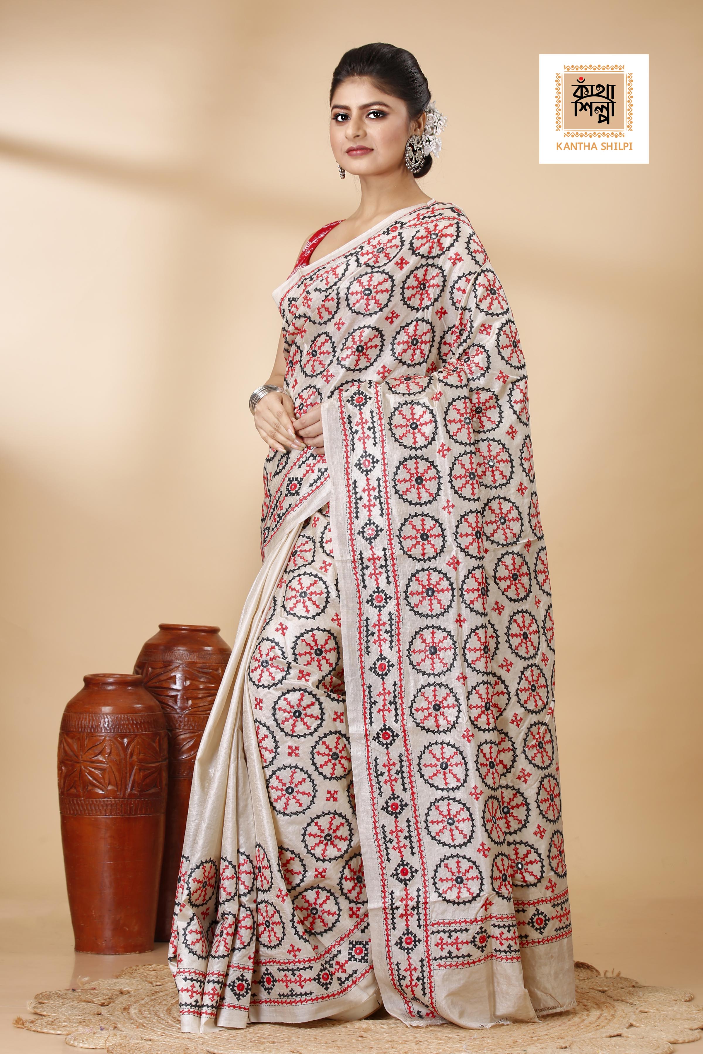 Gachi Tussar Silk Black and Red Thread Work Gujrati Stitch Saree