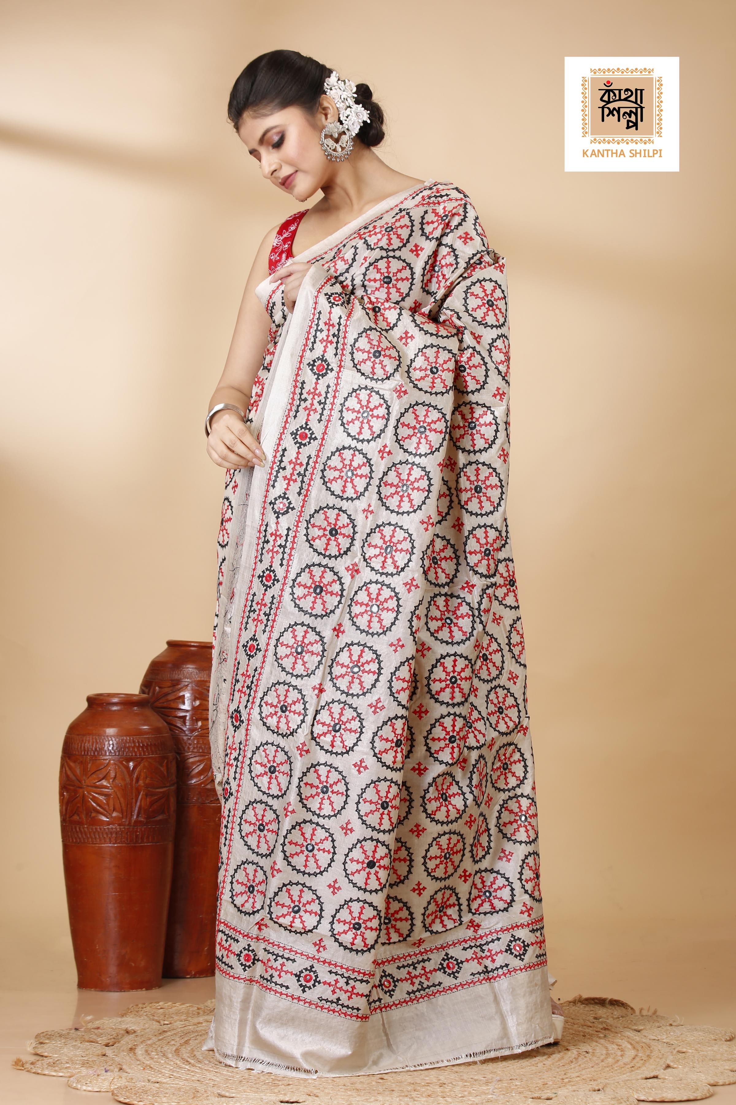 Gachi Tussar Silk Black and Red Thread Work Gujrati Stitch Saree