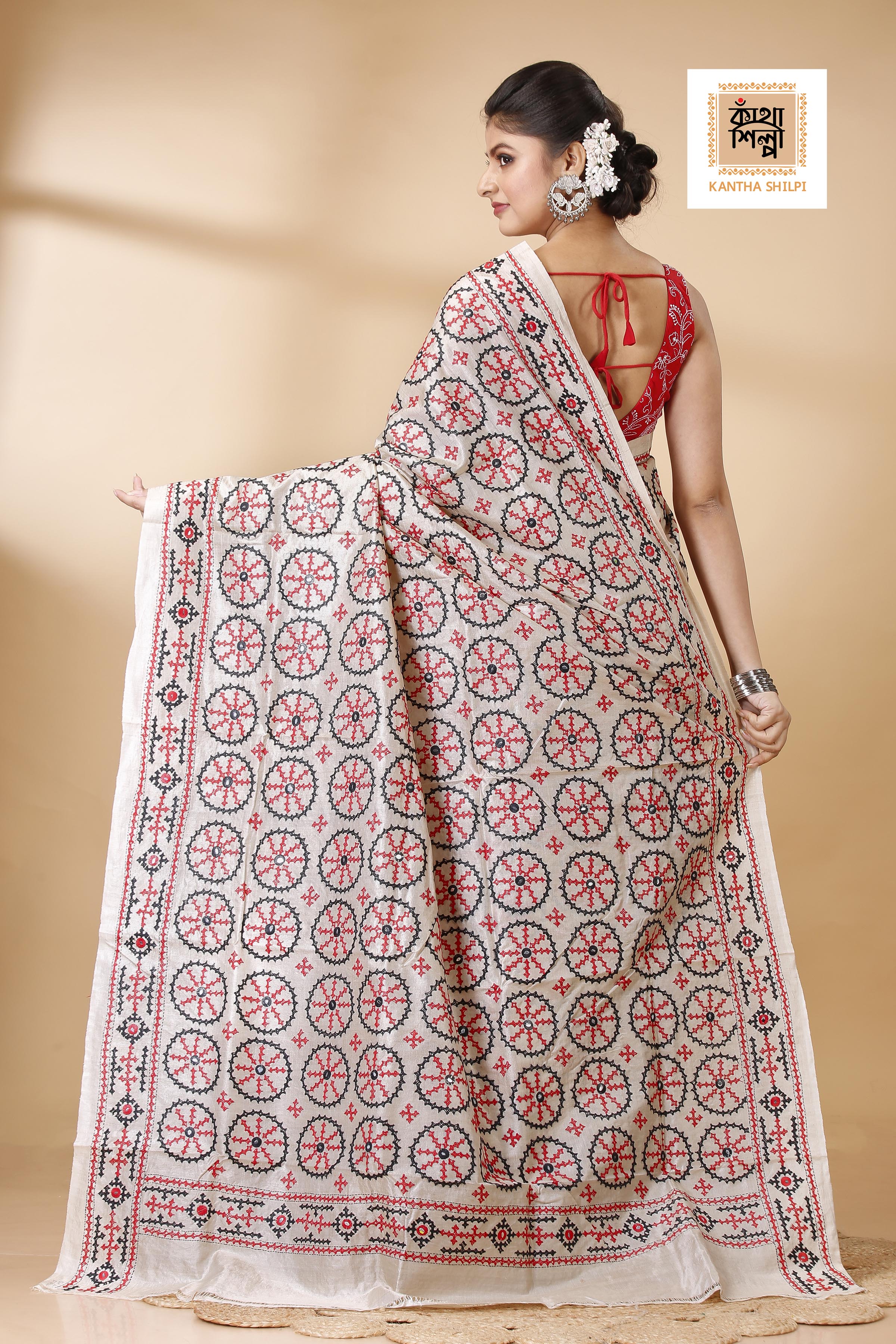 Gachi Tussar Silk Black and Red Thread Work Gujrati Stitch Saree