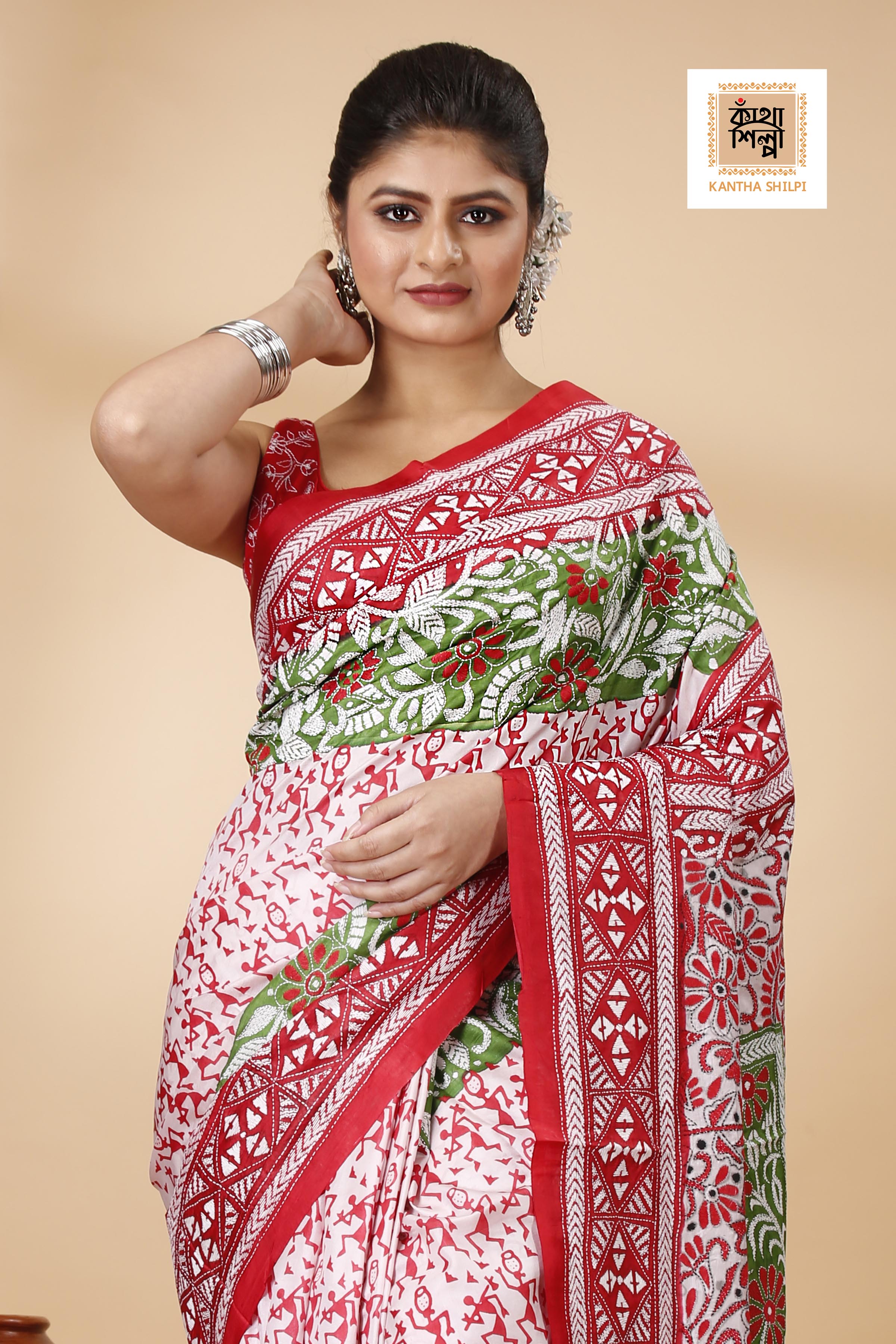Pure Bangalore Silk Multicolor Thread Work Block and Geometric Pattern Kantha Stitch Fusion Saree