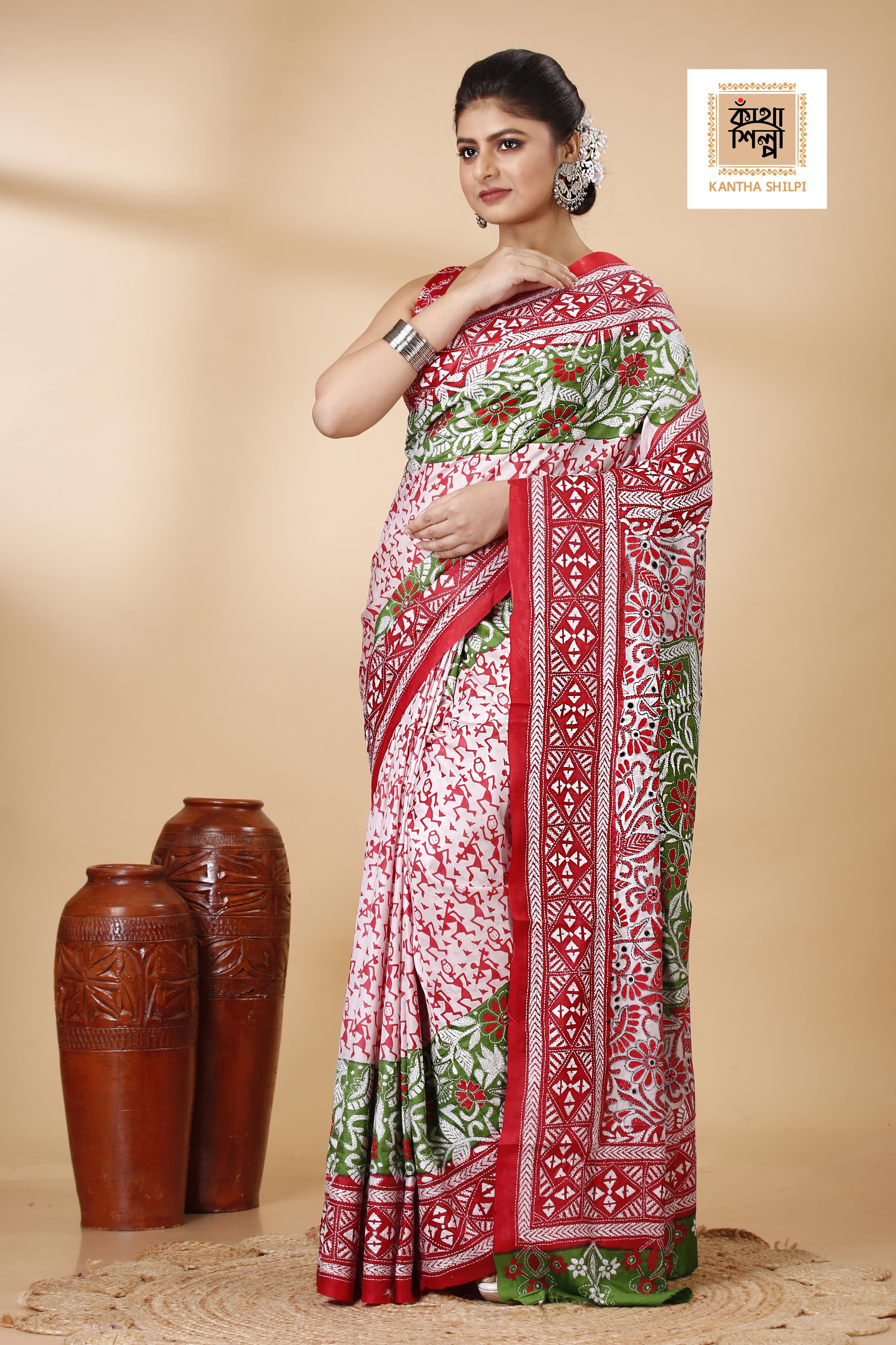 Pure Bangalore Silk Multicolor Thread Work Block and Geometric Pattern Kantha Stitch Fusion Saree