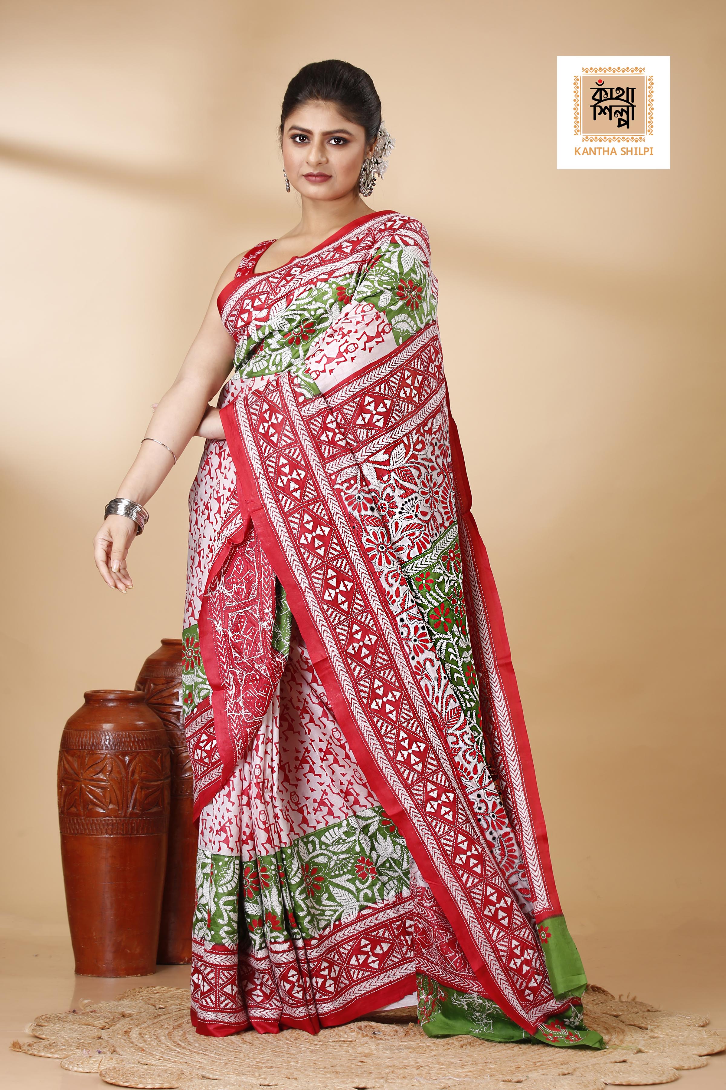Pure Bangalore Silk Multicolor Thread Work Block and Geometric Pattern Kantha Stitch Fusion Saree