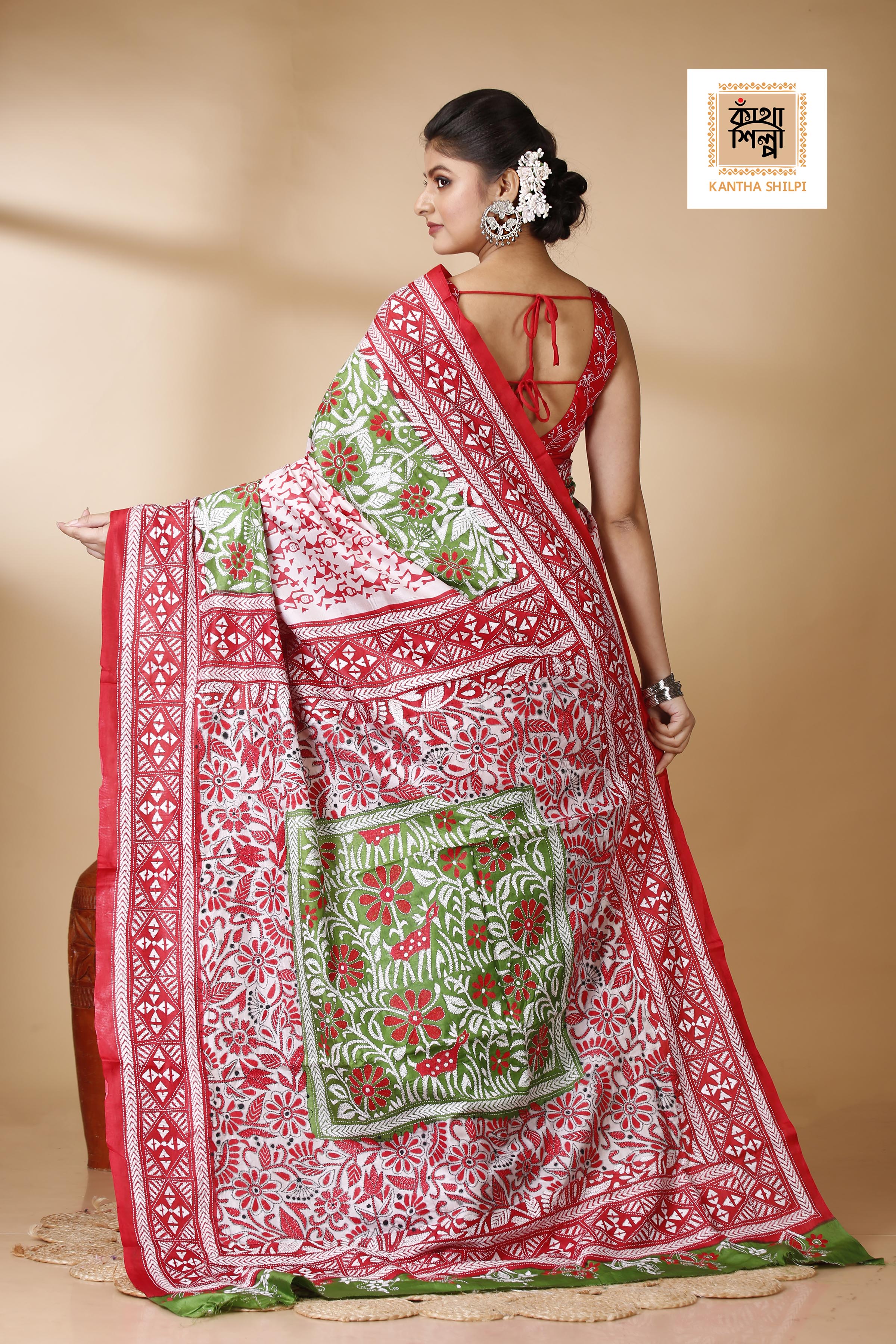 Pure Bangalore Silk Multicolor Thread Work Block and Geometric Pattern Kantha Stitch Fusion Saree