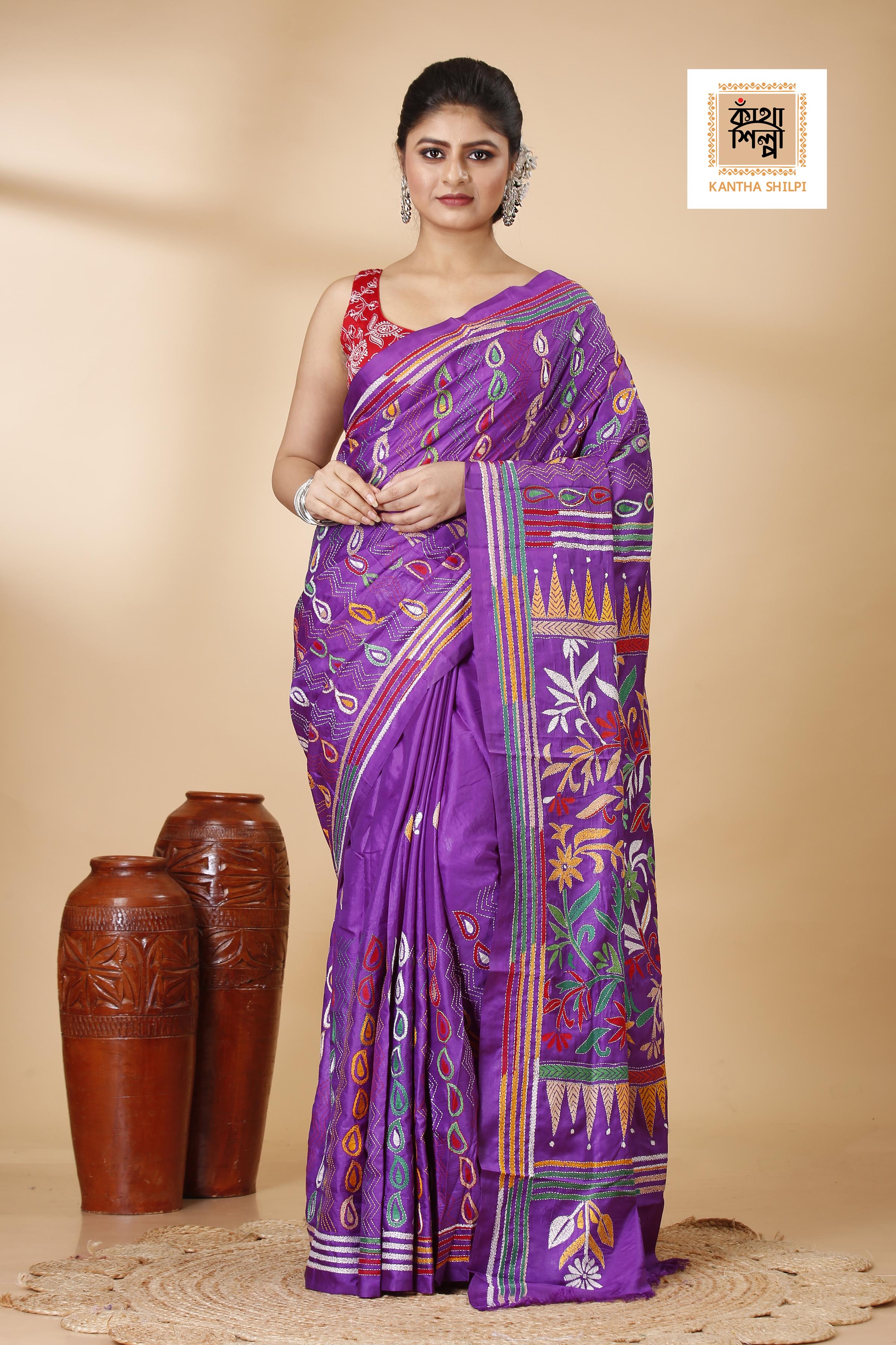 Bangalore Silk Multicolor Thread Work Floral Design Kantha Stitch Saree