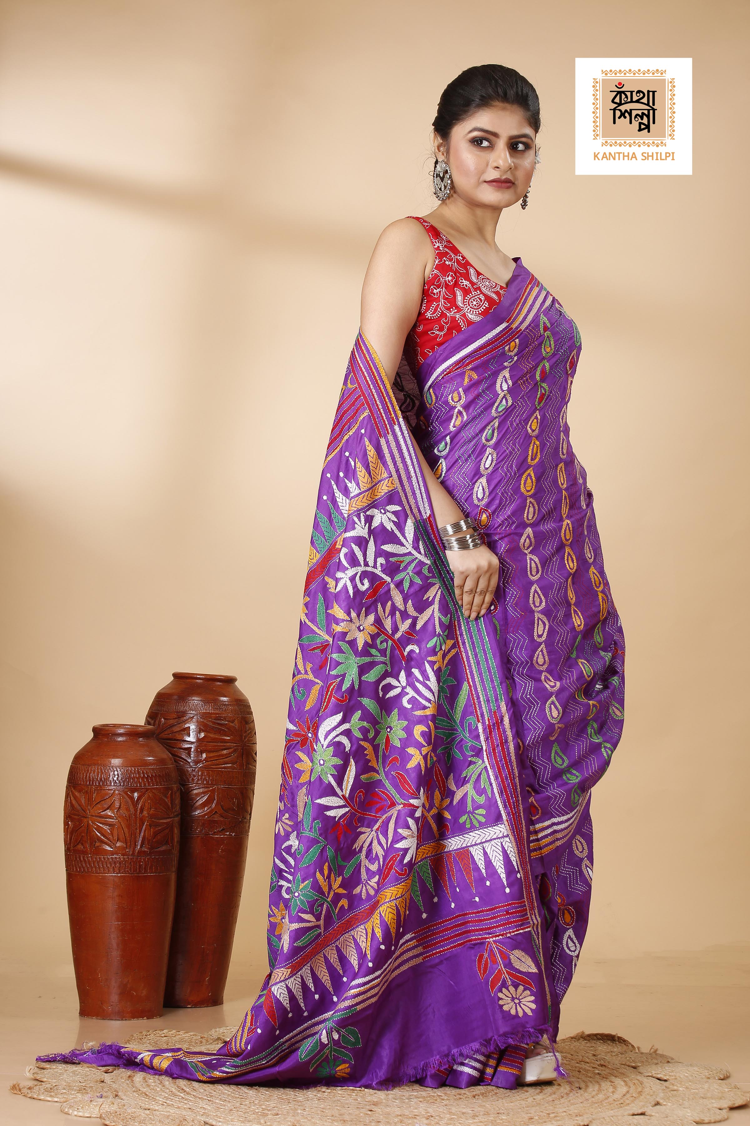 Bangalore Silk Multicolor Thread Work Floral Design Kantha Stitch Saree