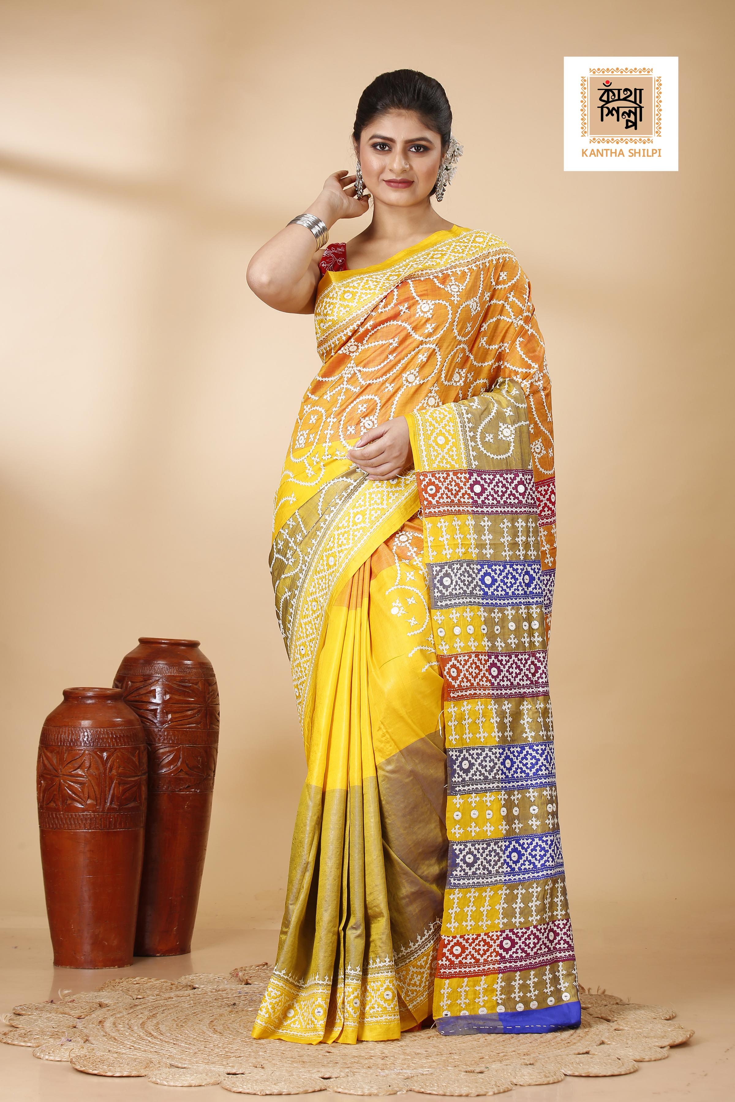 Pure 3D Bishnupuri Silk (Katan) White Color Thread Gujrati Stitch Saree