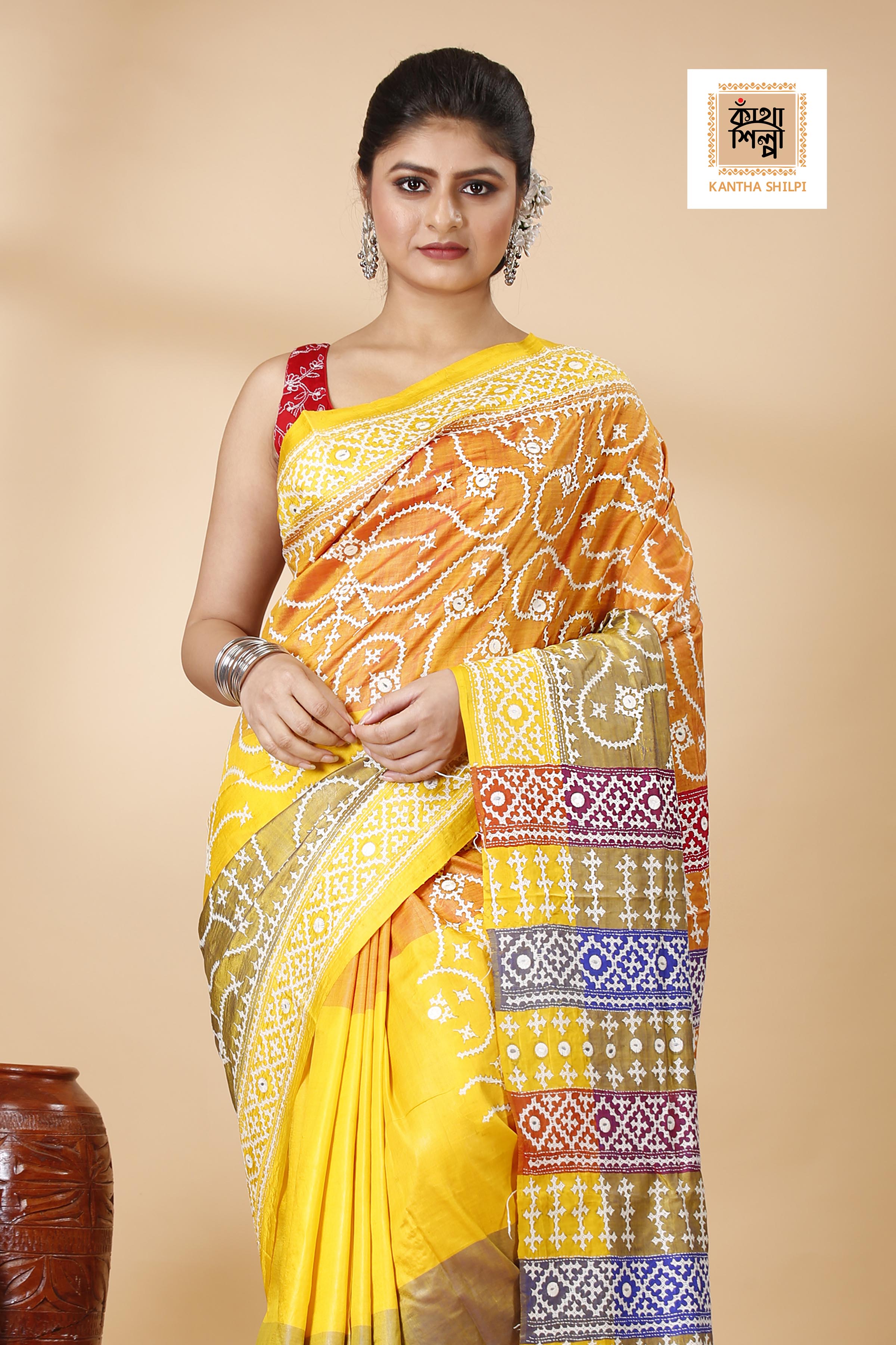 Pure 3D Bishnupuri Silk (Katan) White Color Thread Gujrati Stitch Saree