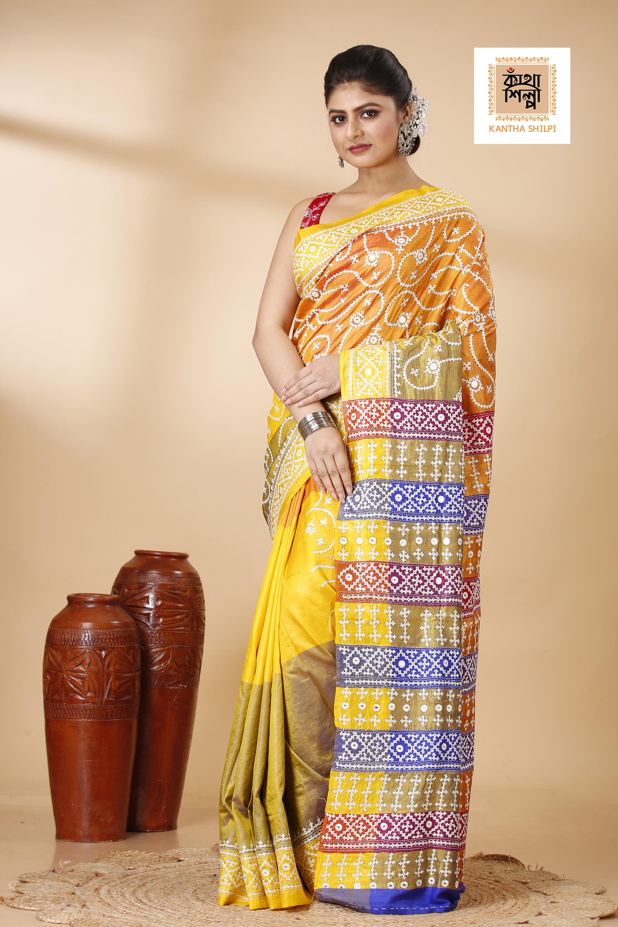 Pure 3D Bishnupuri Silk (Katan) White Color Thread Gujrati Stitch Saree