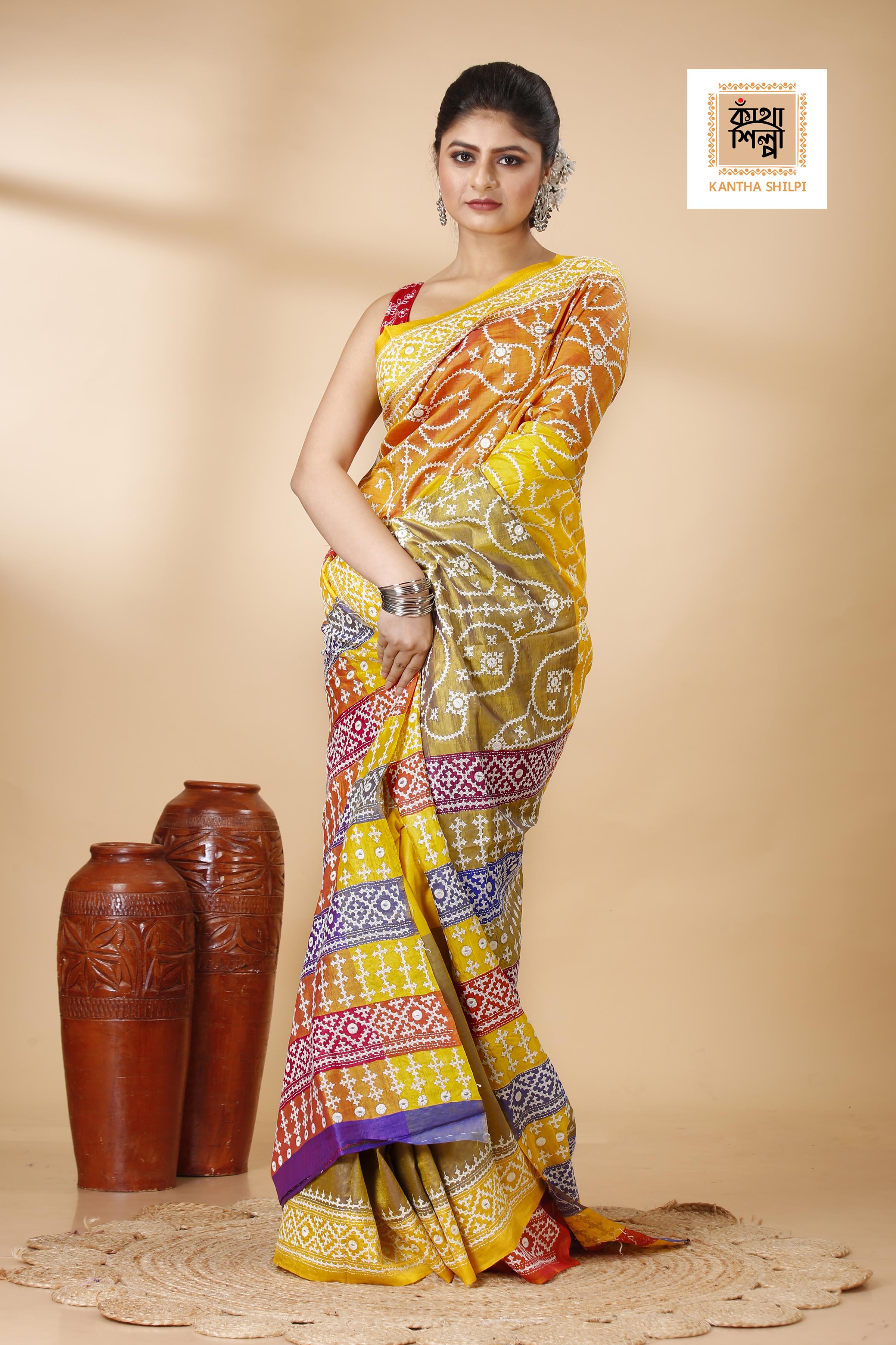 Pure 3D Bishnupuri Silk (Katan) White Color Thread Gujrati Stitch Saree