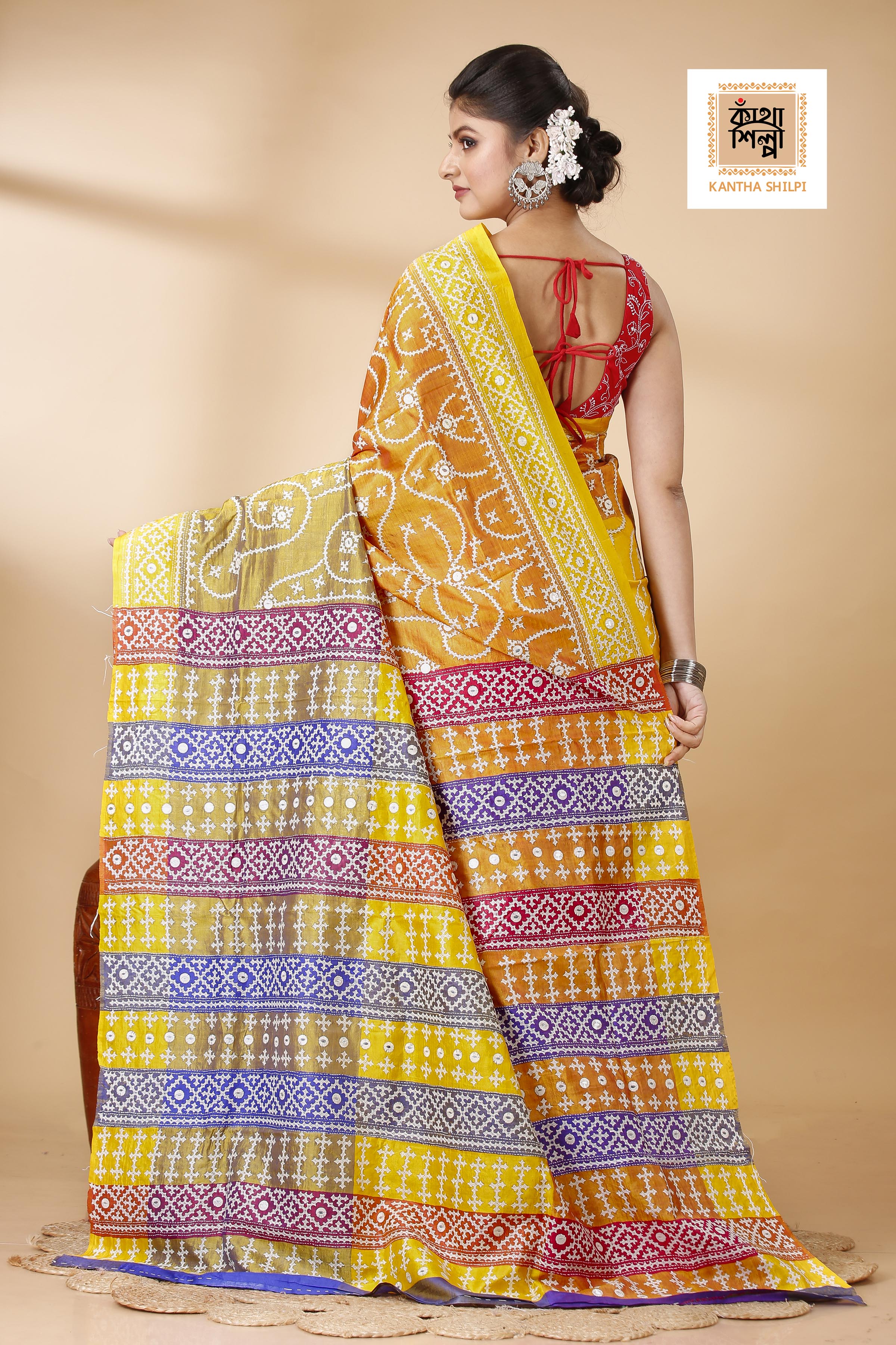 Pure 3D Bishnupuri Silk (Katan) White Color Thread Gujrati Stitch Saree