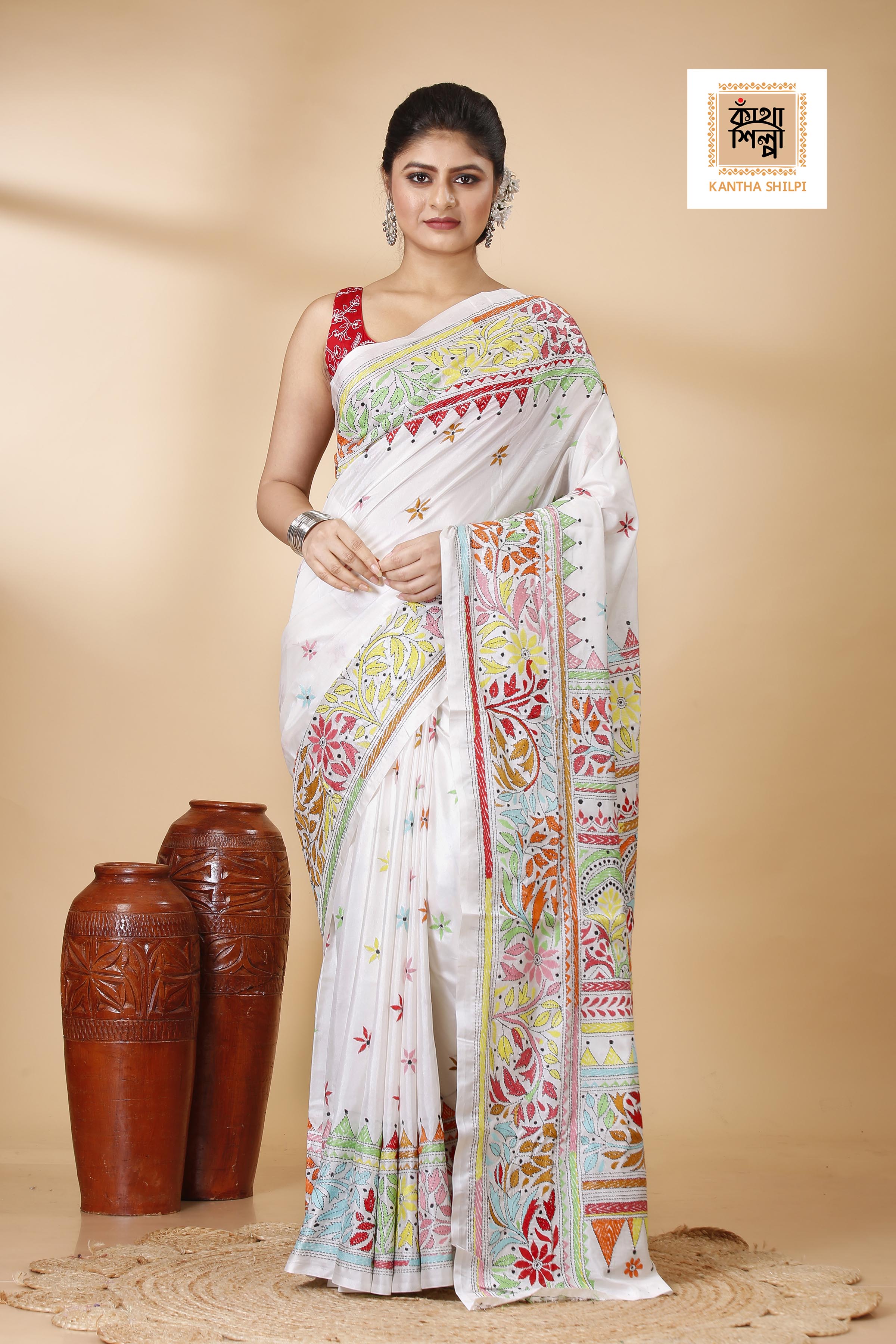 Bangalore Silk Multicolor Thread Work Traditional Floral Motif Kantha Stitch Saree