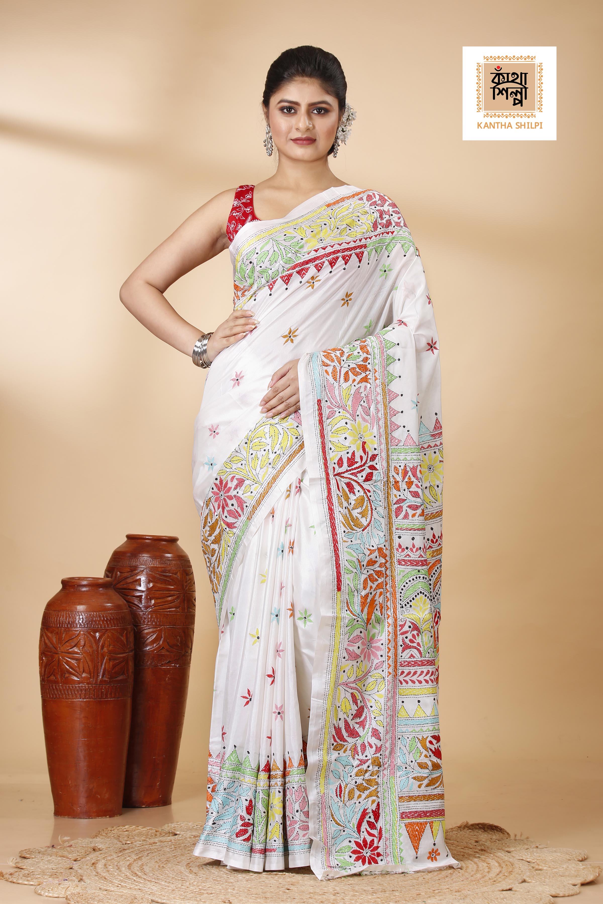 Bangalore Silk Multicolor Thread Work Traditional Floral Motif Kantha Stitch Saree