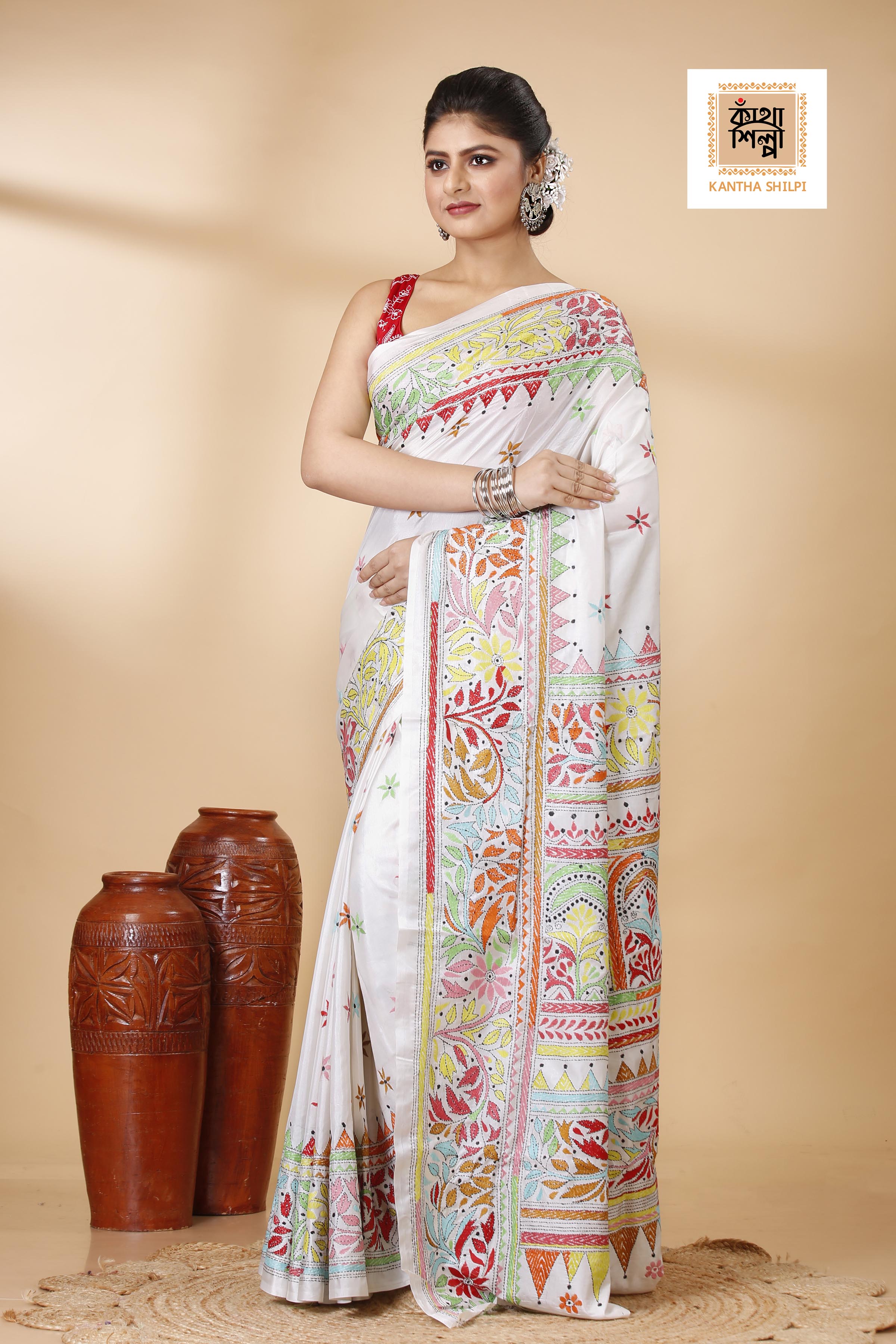 Bangalore Silk Multicolor Thread Work Traditional Floral Motif Kantha Stitch Saree