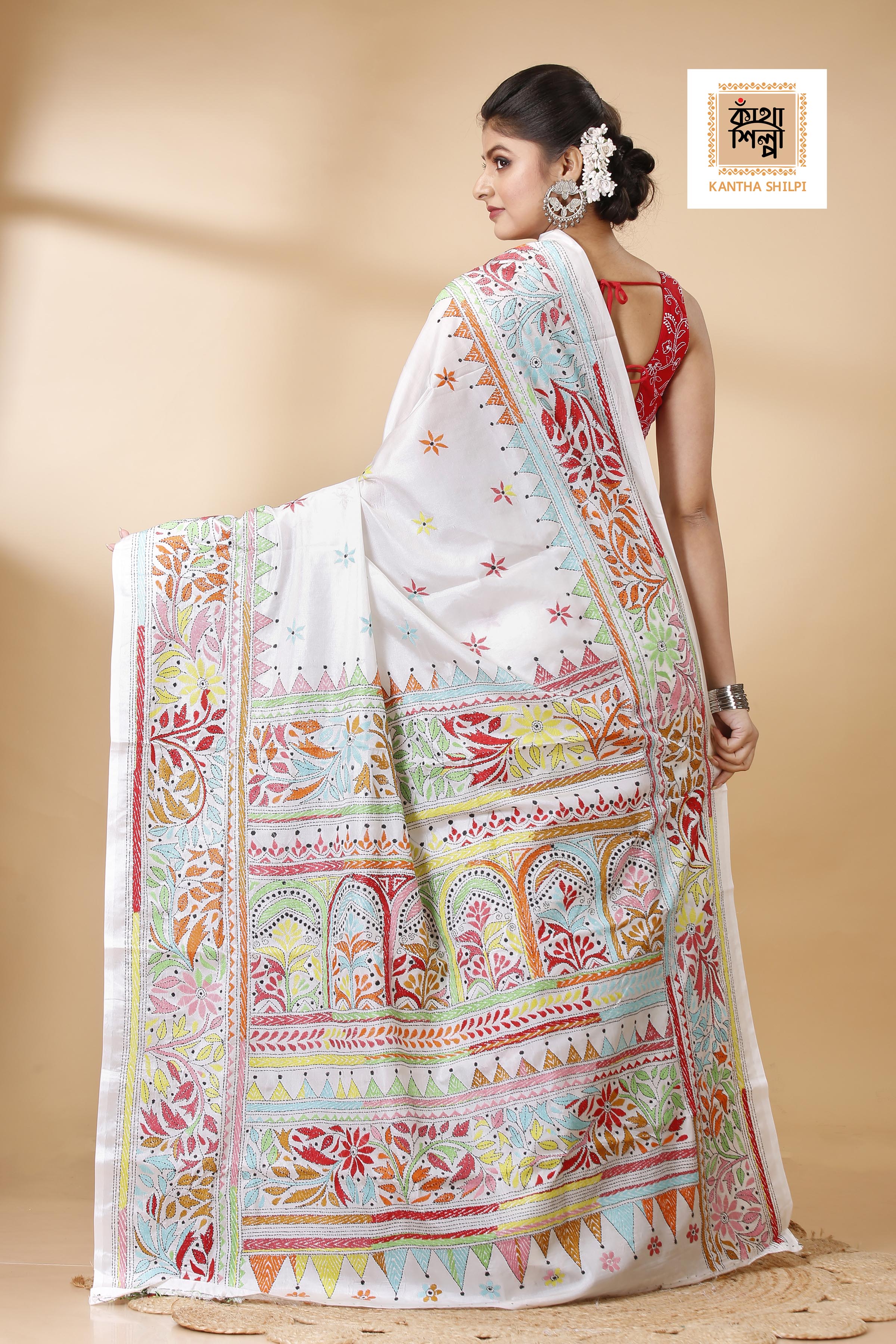 Bangalore Silk Multicolor Thread Work Traditional Floral Motif Kantha Stitch Saree