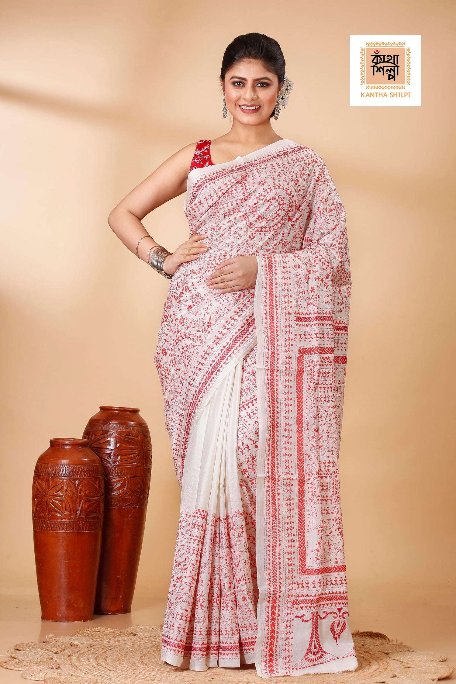 White Pure Bangalore Silk Red Thread Work Warli Motif Kantha Stitch Saree