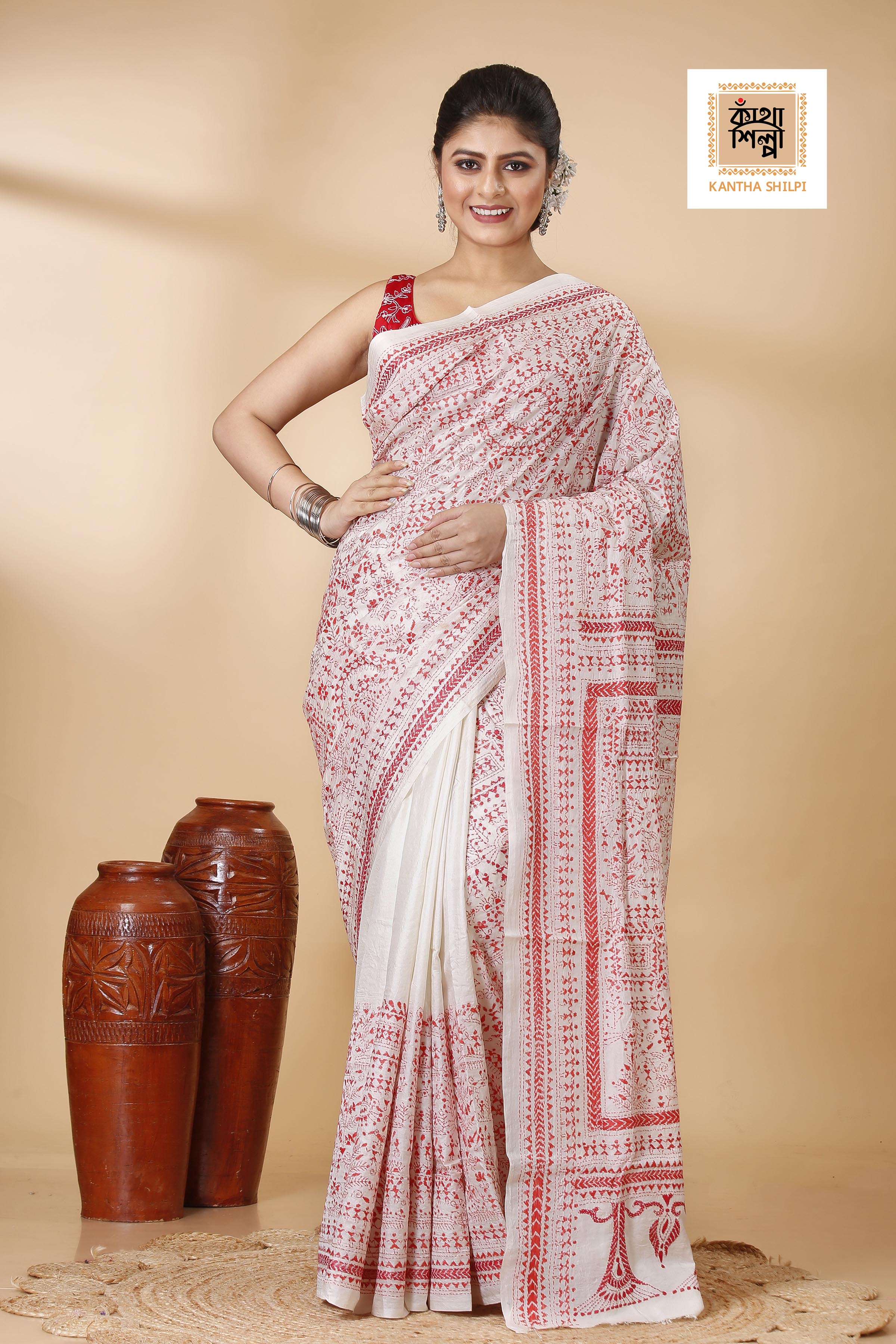White Pure Bangalore Silk Red Thread Work Warli Motif Kantha Stitch Saree