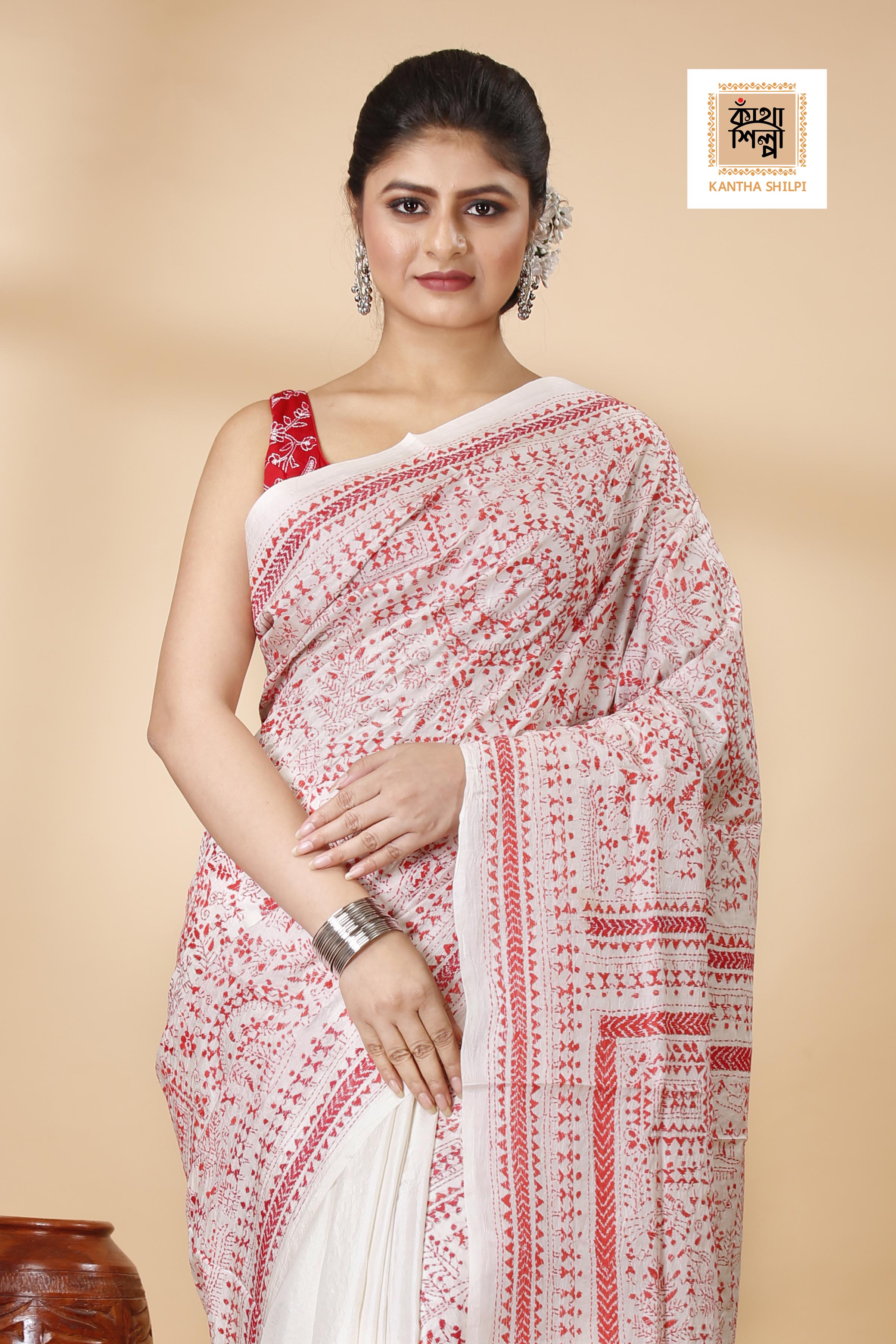 White Pure Bangalore Silk Red Thread Work Warli Motif Kantha Stitch Saree
