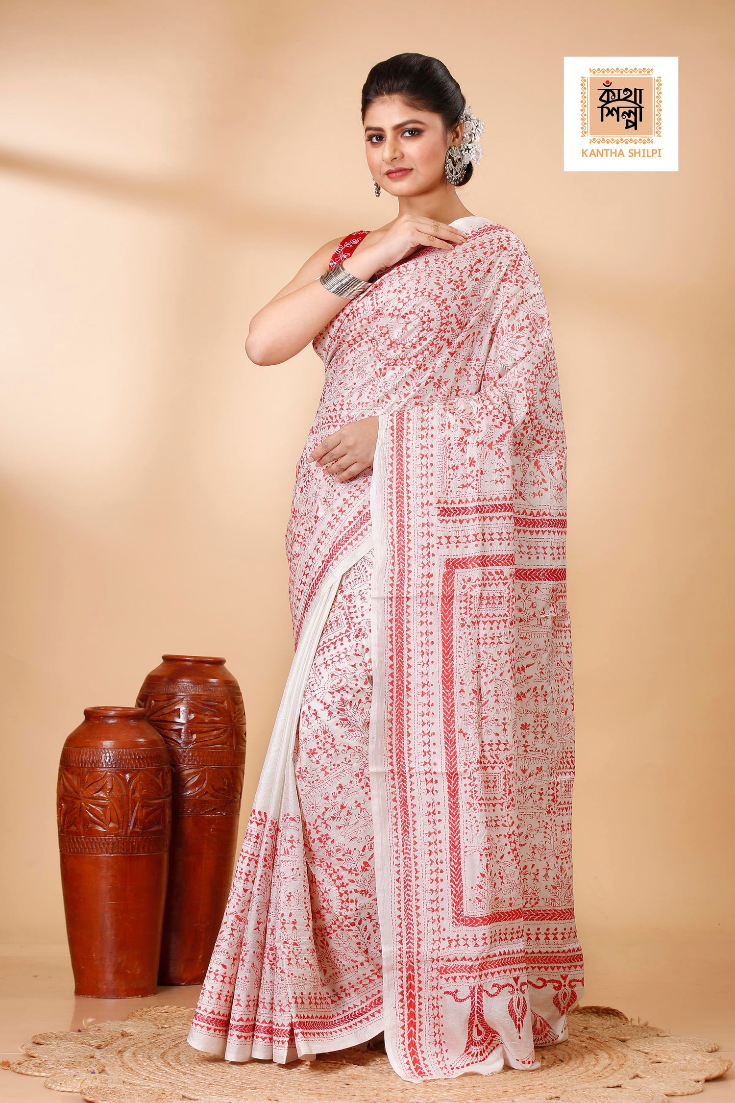 White Pure Bangalore Silk Red Thread Work Warli Motif Kantha Stitch Saree