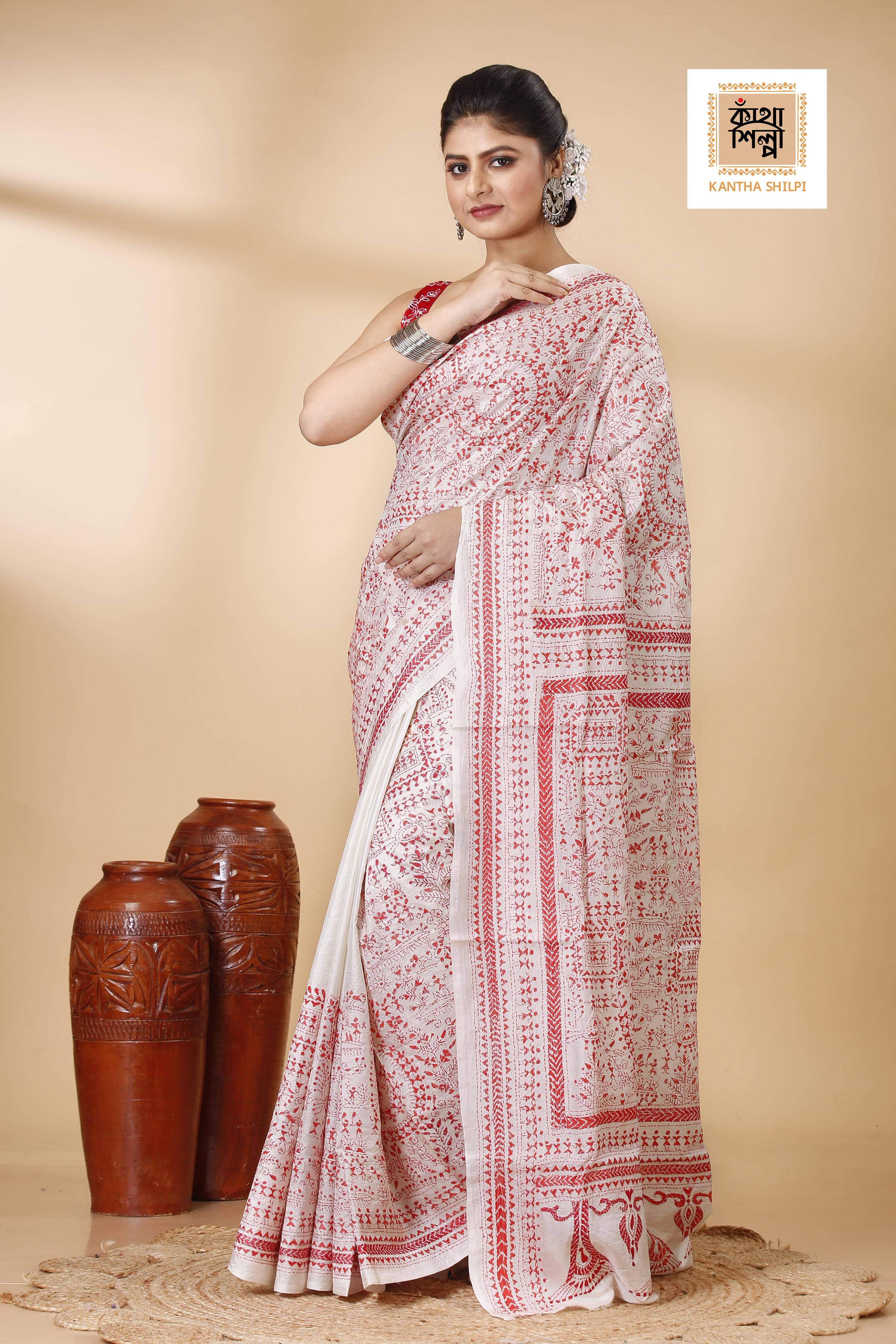 White Pure Bangalore Silk Red Thread Work Warli Motif Kantha Stitch Saree