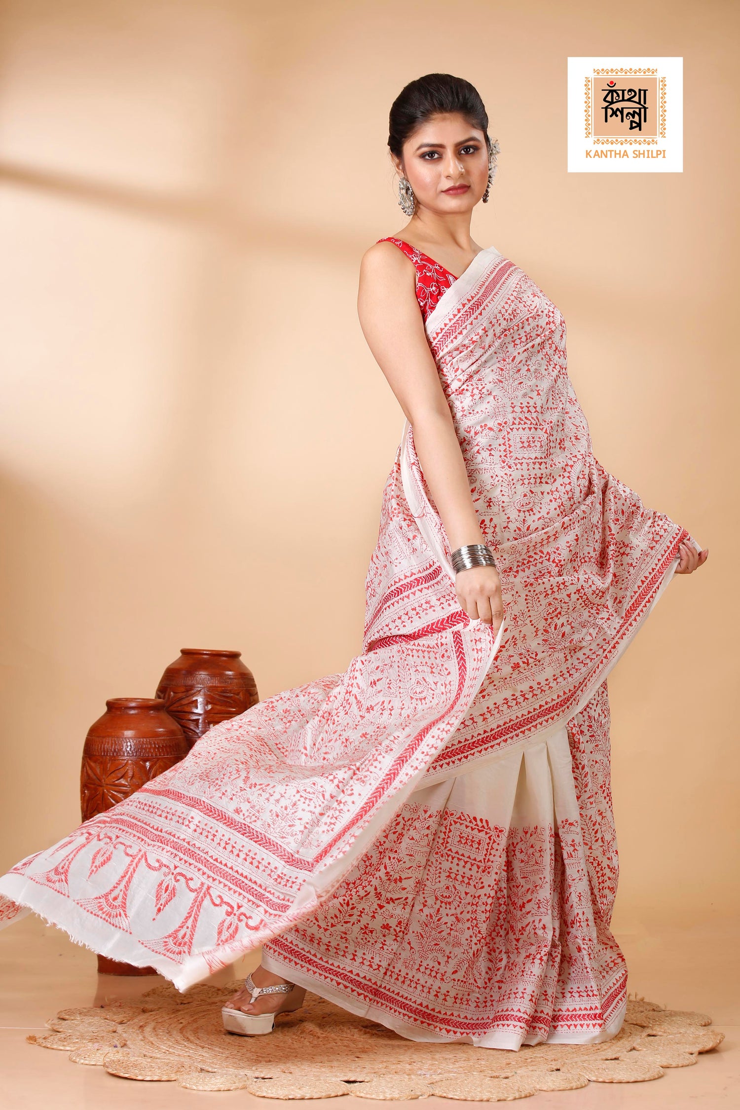 White Pure Bangalore Silk Red Thread Work Warli Motif Kantha Stitch Saree