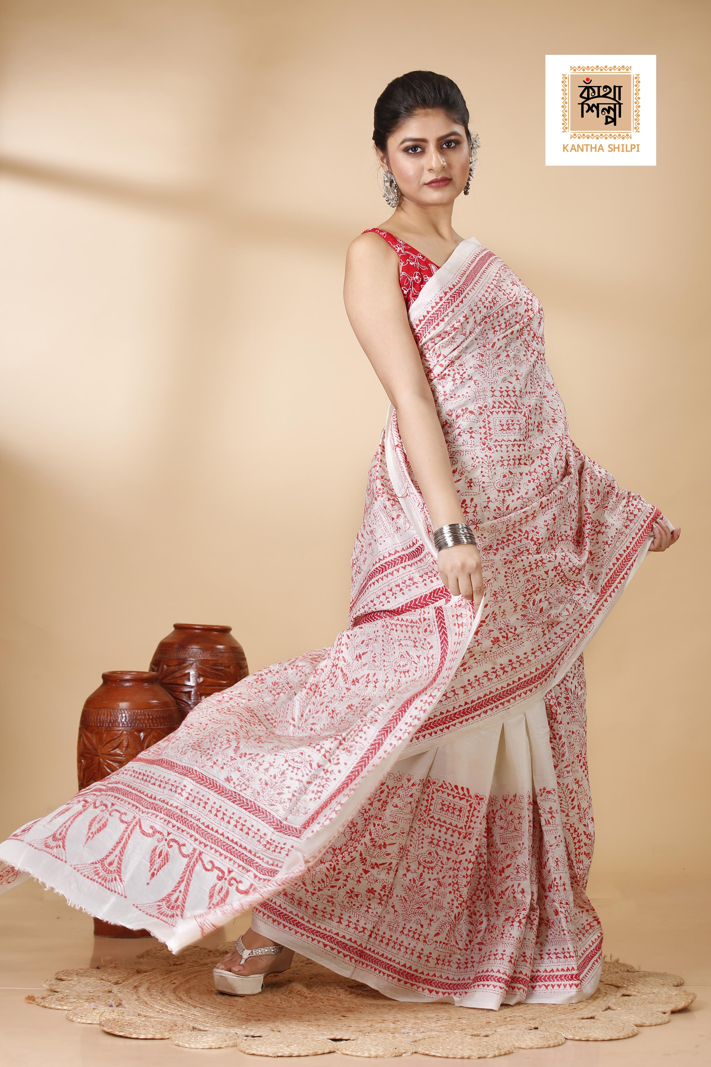 White Pure Bangalore Silk Red Thread Work Warli Motif Kantha Stitch Saree