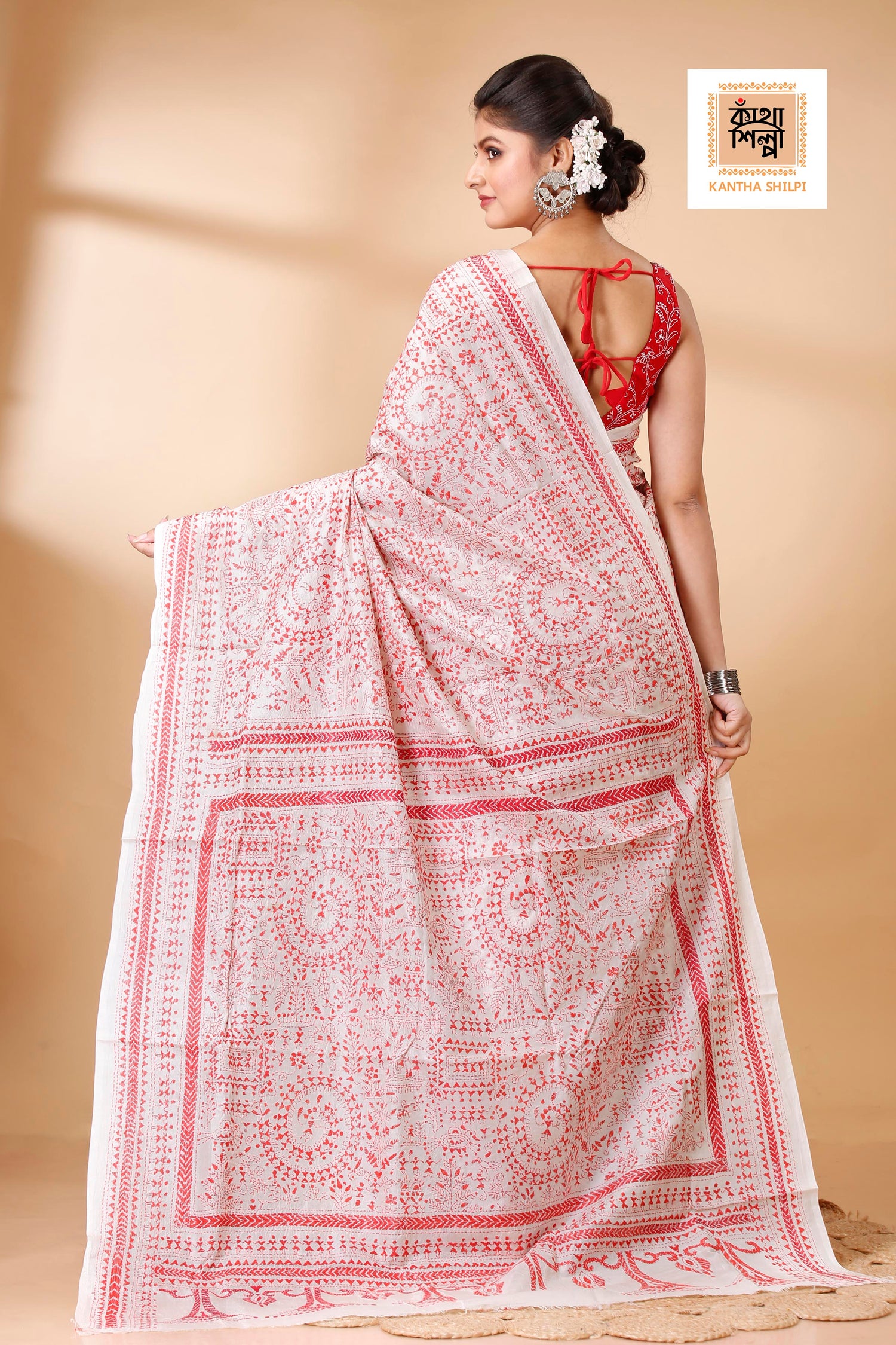 White Pure Bangalore Silk Red Thread Work Warli Motif Kantha Stitch Saree