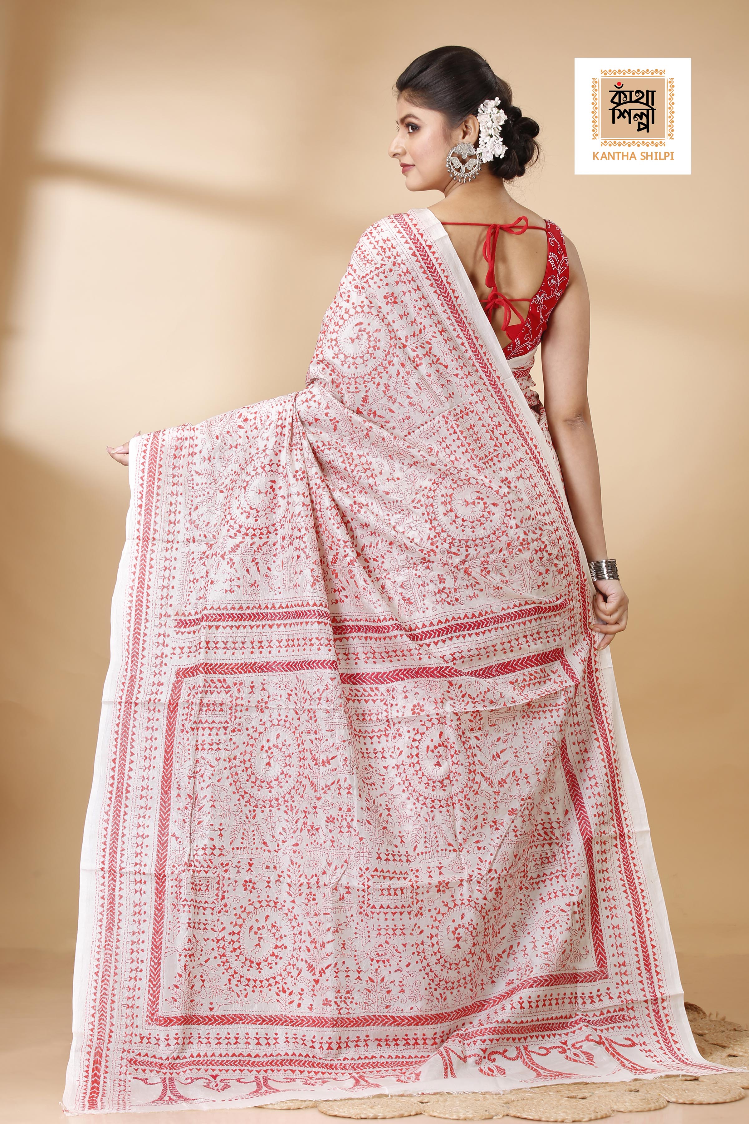 White Pure Bangalore Silk Red Thread Work Warli Motif Kantha Stitch Saree